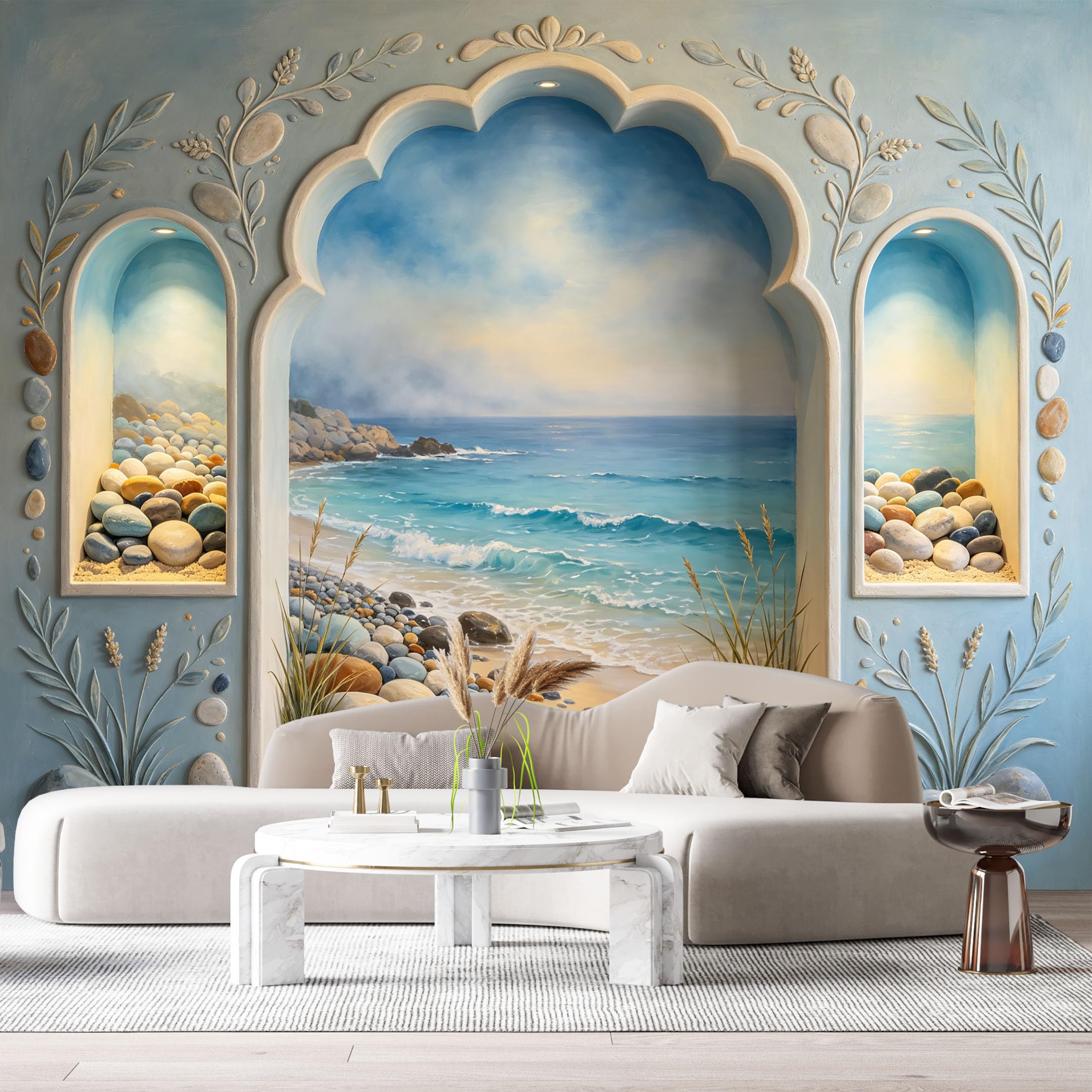 Custom Size Wall Murals Relief Arch Coastal Seascape Botanical 3D Trompe L'Oeil SelfAdhesiveWall Fabric Removable Wallpaper Wall Decor for Living Room Bedroom Bathroom
