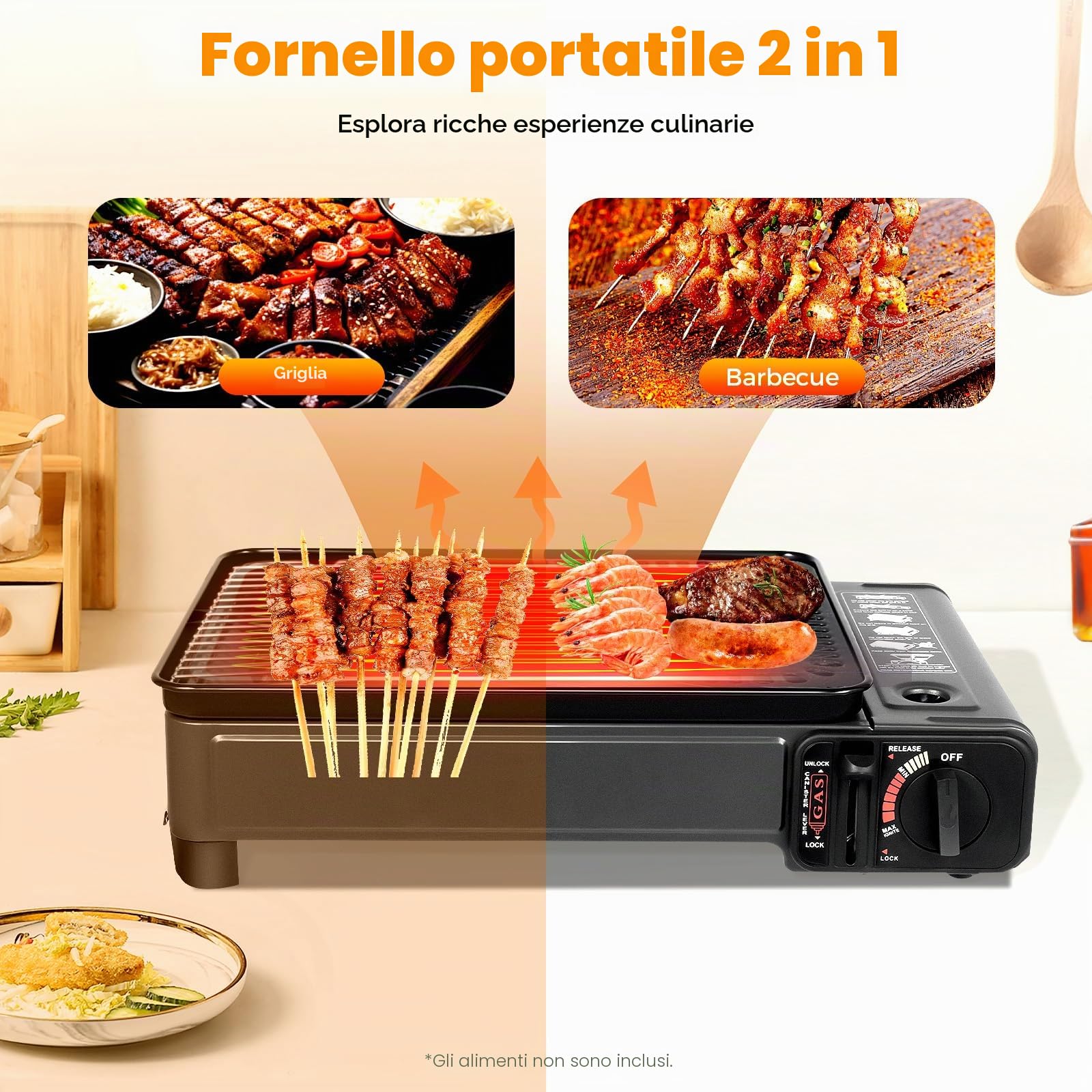 Barbecue a gas portatile da campeggio, piccolo grill da tavolo a gas con dispositivo di protezione da sovrapressione e dispositivo di accensione