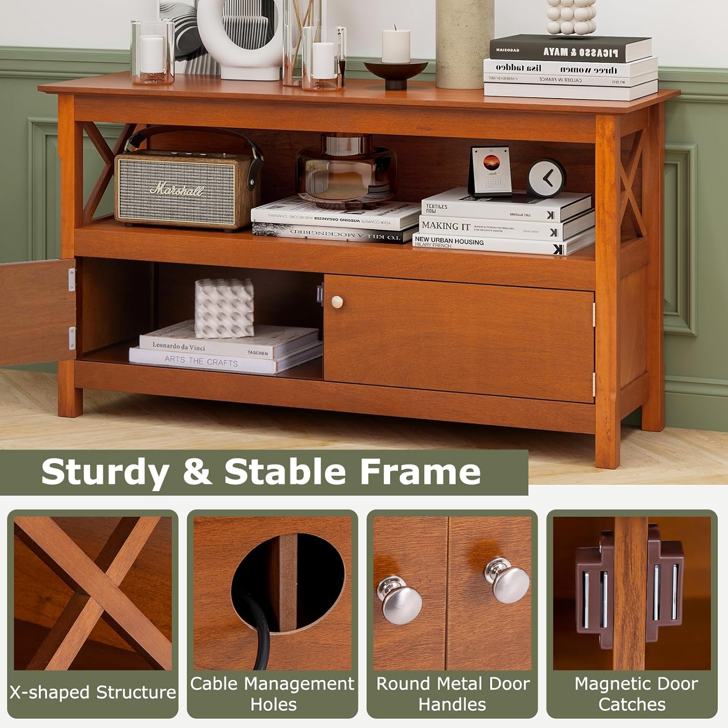 Tangkula Wooden TV Stand for TVs Up to 50 Inch, X Shape Console Storage Cabinet, Entertainment Center with 2 Doors & Shelf, Home Living Room Furniture, Farmhouse TV Storage Console (Coffee)