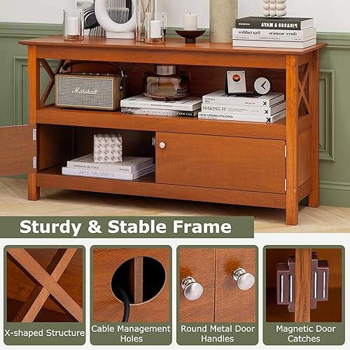 Miniatura 7 de Tangkula Soporte de TV de madera para televisores de hasta 50 pulgadas, gabinete de almacenamiento en forma de X, centro de entretenimiento con 2