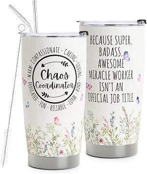 Chaos Coordinator gifts - Chaos Coordinator Travel Mug with Straw for Mom Coworker Boss Manager Employee - Stainless Steel Tumbler Cup 20oz