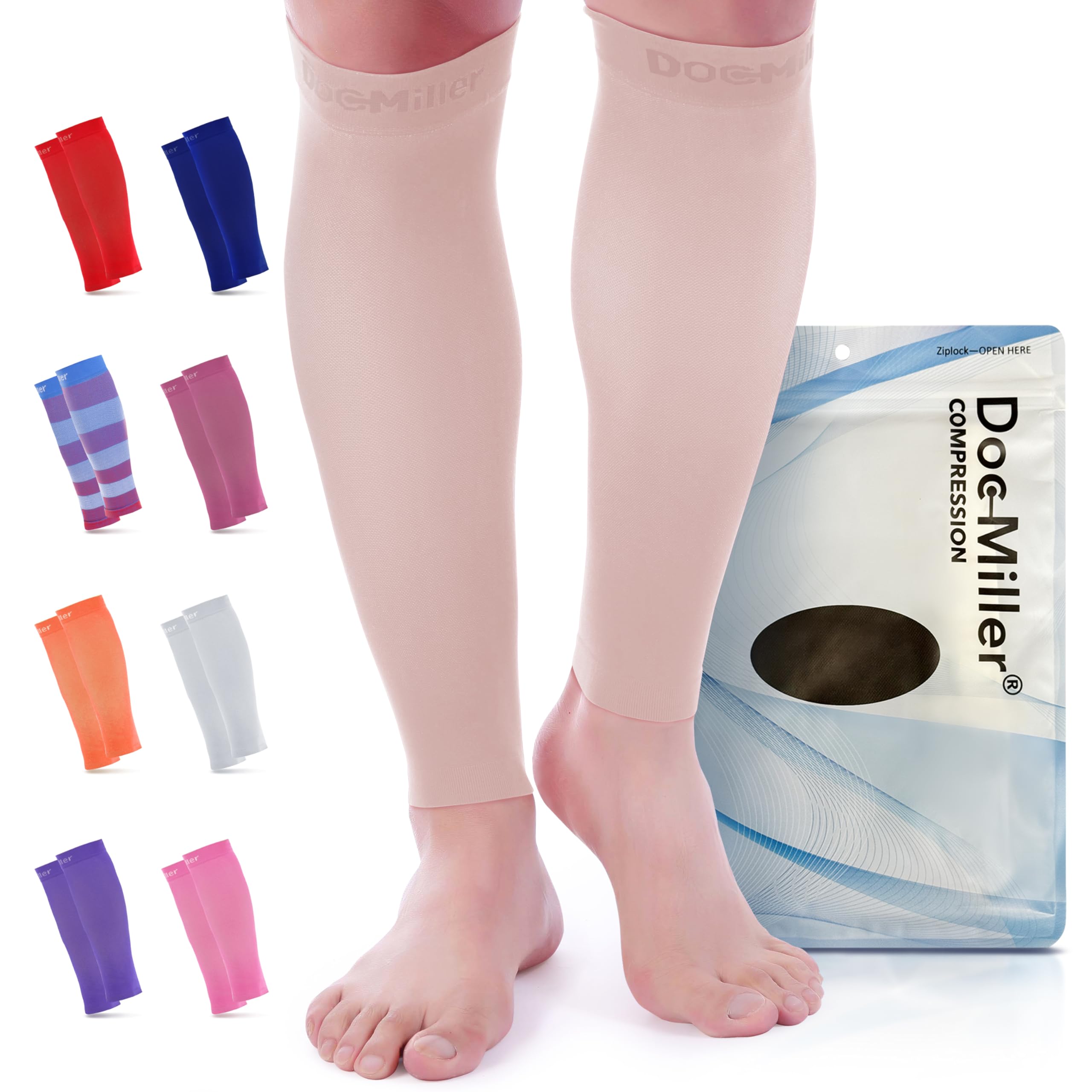Premium Calf Compression Sleeve 1 Pair 20-30mmHg Strong Calf Support Fashionable COLORS Graduated Pressure for Sports Running Muscle Recovery Shin Splints Varicose Veins Doc Miller (Skin/Nude, Large)