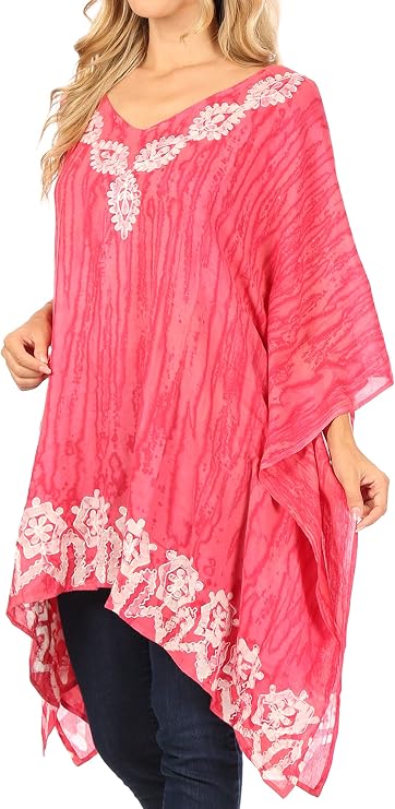 Sakkas Alizia Lightweight Embroidery Batik Top Tunic Blouse Caftan Cover up Poncho