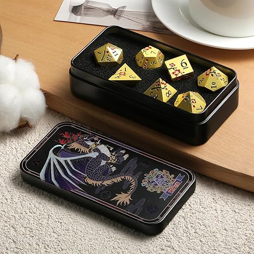 Miniatura 5 de DNDND Dados metálicos de flores, 7 dados metálicos DND con caja de regalo para juego de mesa D&D Dungeons and Dragon (flores rojas con dorado)
