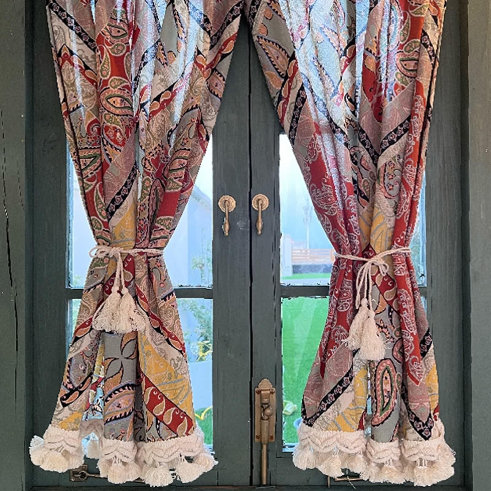 Scheibengardinen Küche Landhaus, Küchengardinen Modern Kurz Bunt Polyester Bistrogardinen Geometrisches Muster mit Vintage-Blättern und Quasten 2 Stück B 65 x H 120 cm