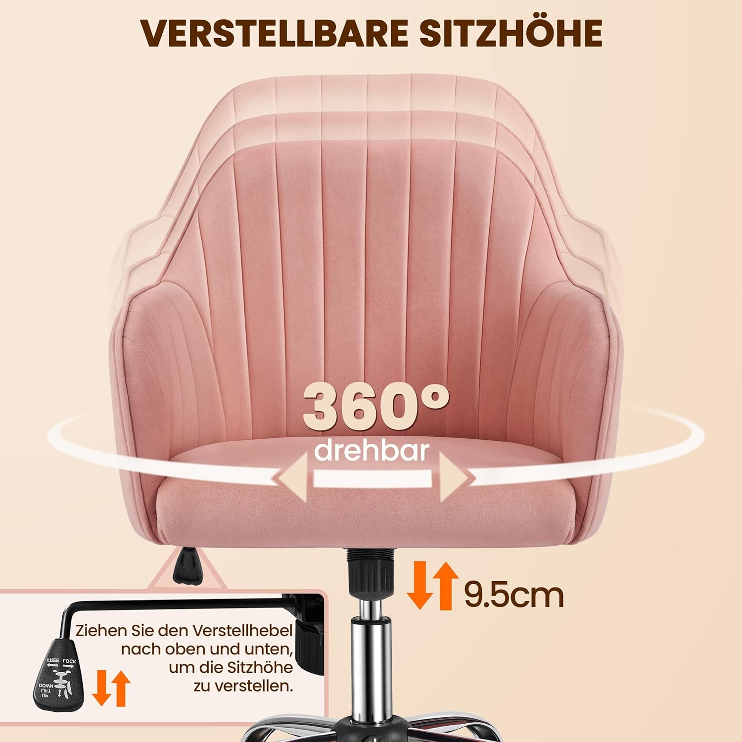 Схема, що показує регулювання висоти сидіння та поворот на 360 градусів