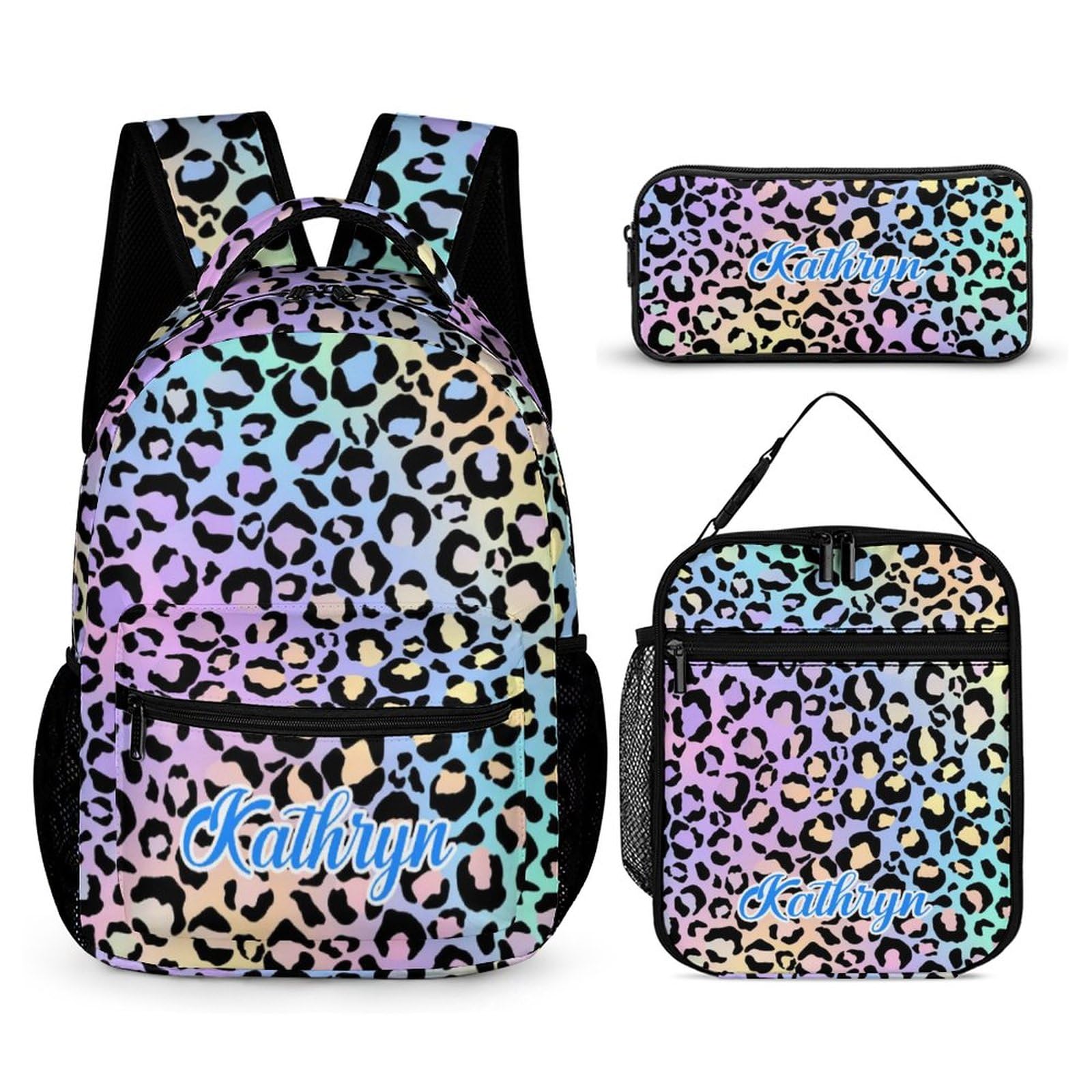 Beautay Mochila personalizada con estampado de leopardo arcoíris con nombre personalizado con lonchera y estuche para lápices
