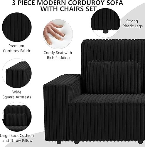 Miniatura 3 de mikibama Juego de 3 sofás de pana de 3 piezas con silla para sala de estar, moderno sofá modular modular y sillón, juego de 3 con asiento profundo