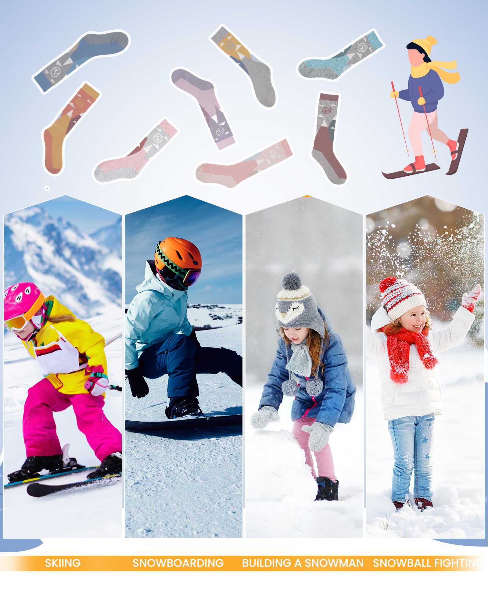 OutdoorMaster Skarpety narciarskie z wełny merynosów dla dzieci, chłopców i dziewczynek, termiczne zimowe ciepłe skarpety snowboardowe na zimną pogodę
