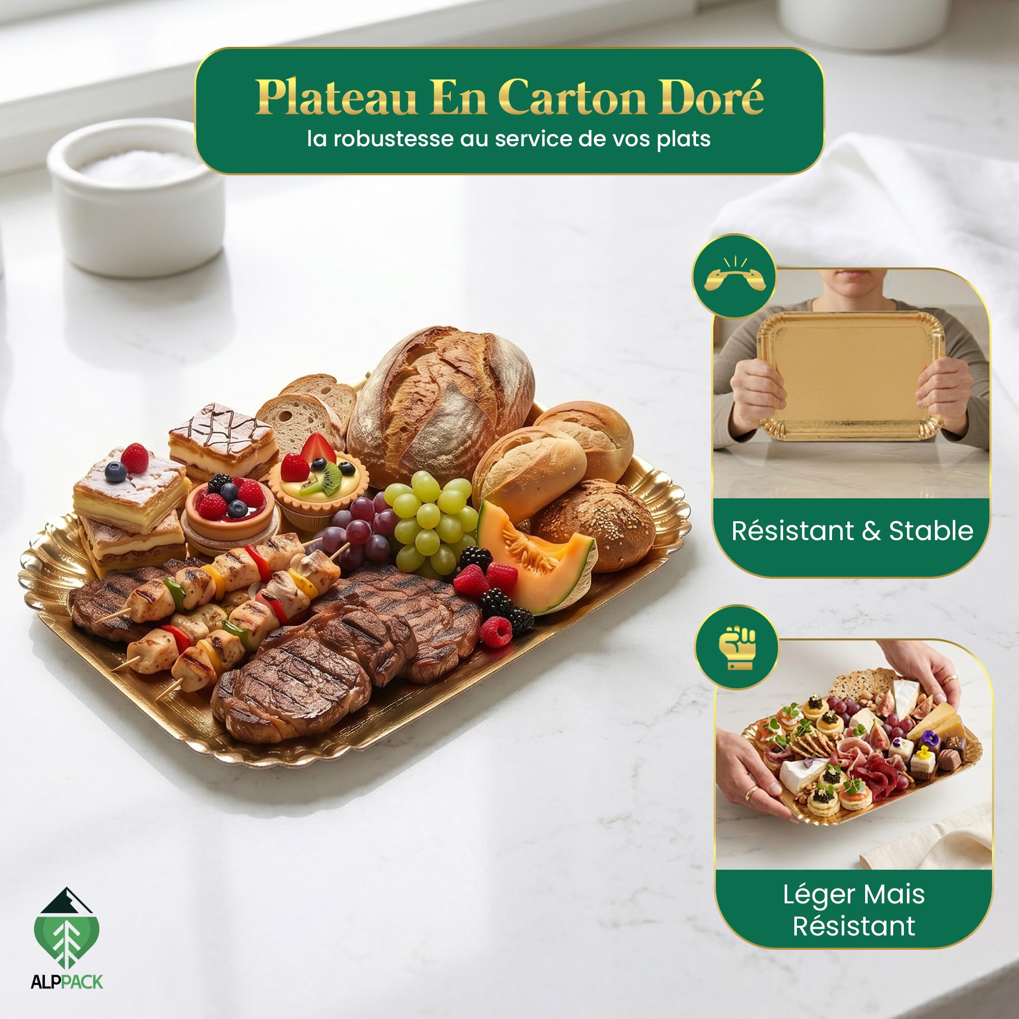 Plateau de Service en Carton Épais Doré 28 × 19 cm – Lot de 100 Plateaux Traiteur Jetables Professionnels – Présentoir Apéritif Buffet – Plateau Jetable pour Buffet, Mariage, Réception et Événement