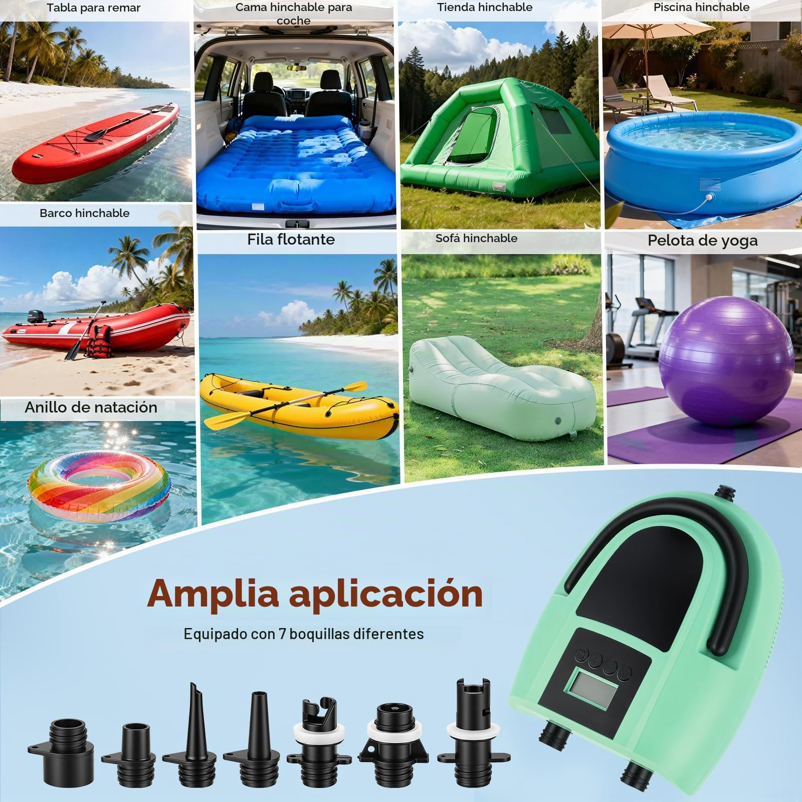 Bomba Eléctrica para Sup, Bomba de 12V con Apagado Automático, Presión Ajustable de 20PSI y Pantalla Digital, Bomba de Aire Eléctrica con 7 Boquillas para Botes, Colchones