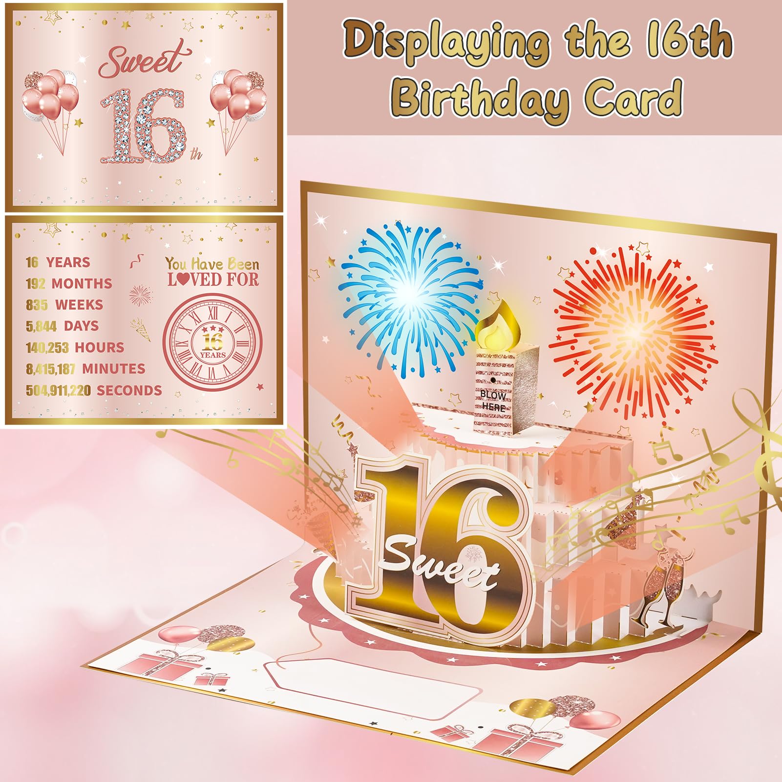 Turypaty Sweet 16th Birthday Cards Pop Up 3D Cake – Feuerwerk & Musik & Ausblaskerze Licht Lustige Happy 16 Party Dekorationen, Roségold 16. Geburtstag Karte Geschenke für Mädchen, Freunde, Tochter