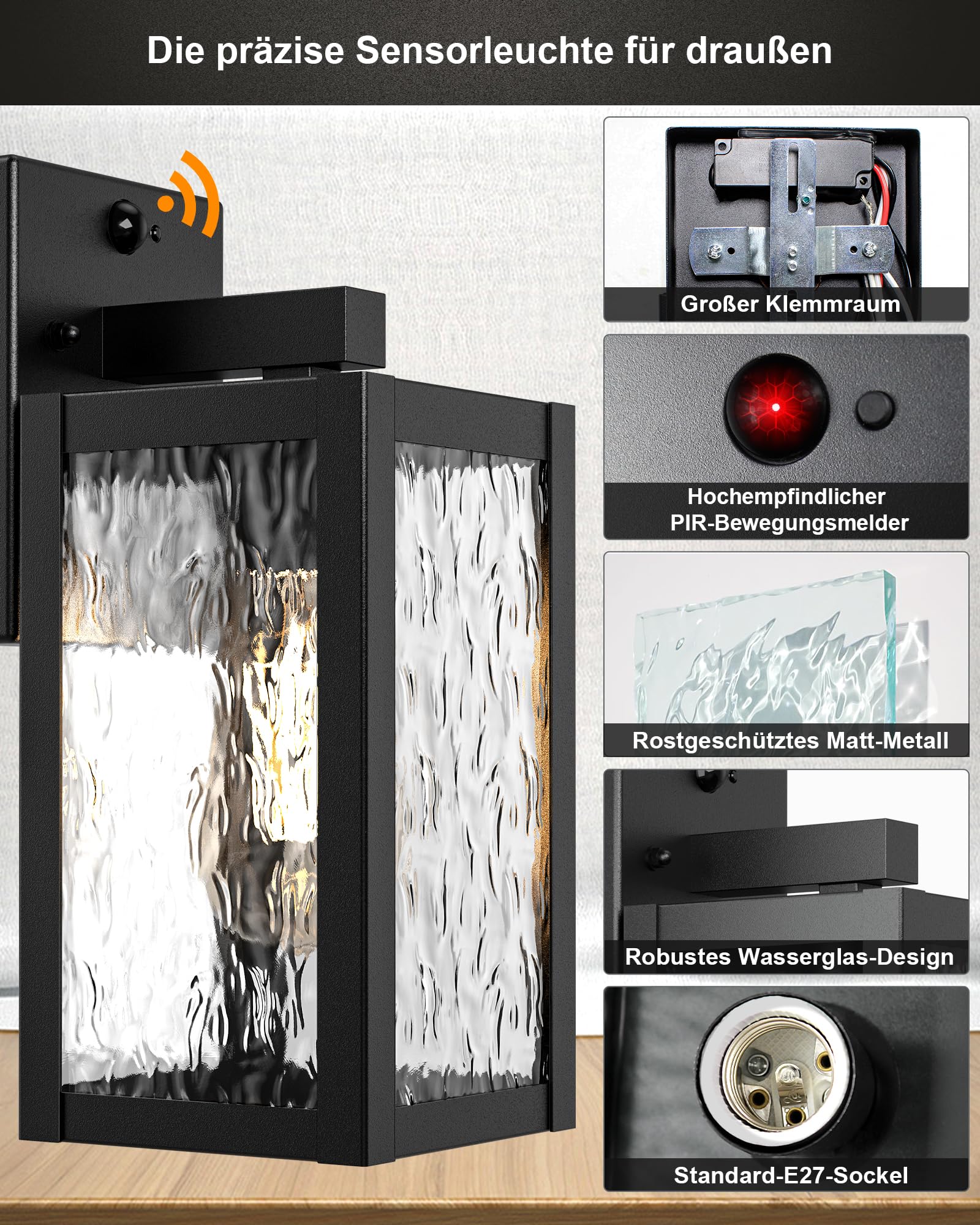 2er Set Aussenlampe mit Bewegungsmelder E27 Glas Schwarz IP44 | Aussenleuchten 3 Beleuchtungsmodi Wasserstruktur-Glas Industrial 230V Hof Eingang Haustür Garage Garten ohne Leuchtmittel
