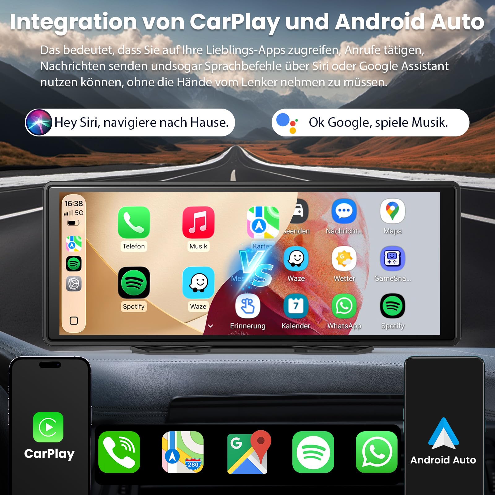 CarPlay Bildschirm, Wireless Android Auto Display mit Touchscreen, GPS Navigation, Bluetooth Freisprecheinrichtung, MirrorLink, Tragbare Multimedia für Auto PKW LKW Womo (9,26 Zoll mit Rückfahrkamera)