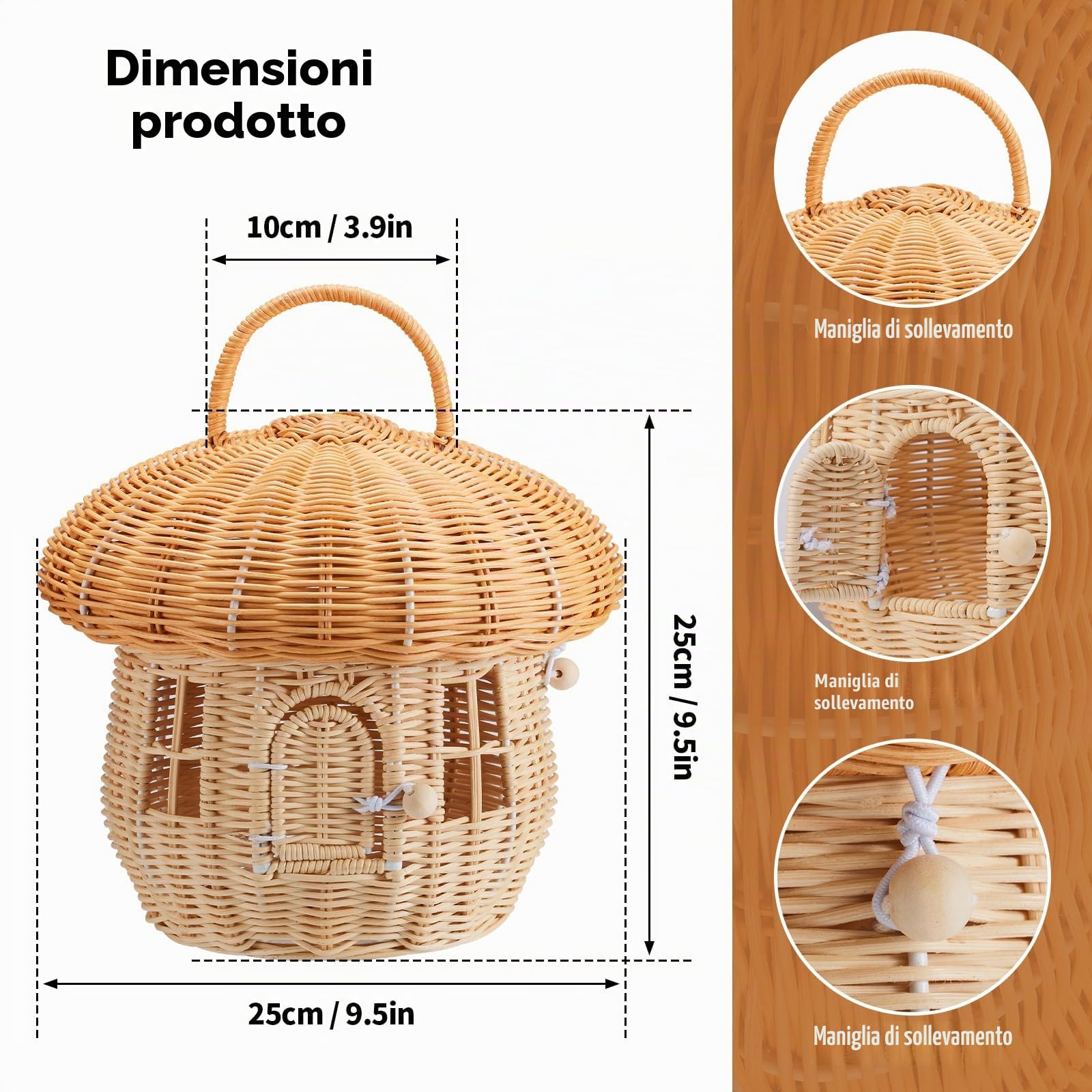 Cesto in Rattan fatto a mano a forma di fungo per conservazione giocattoli, organizzazione esterna e arredamento domestico
