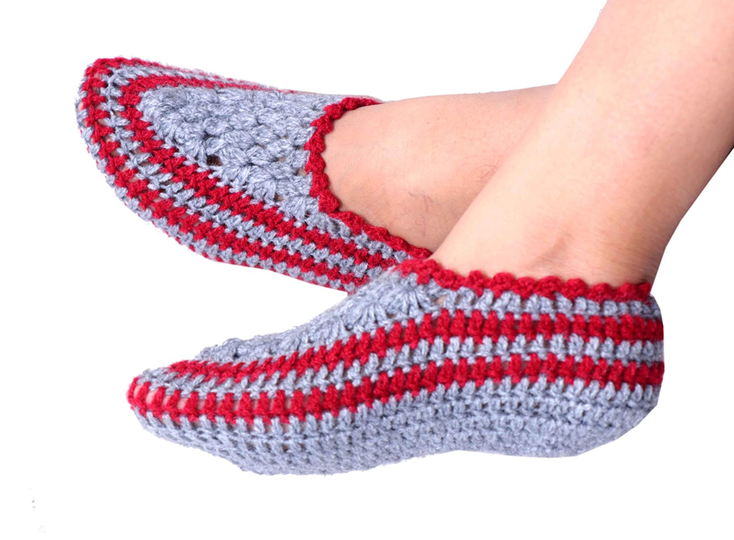KREATIVE Women's Handmade Beautiful Soft Woollen Crochet Knitted Casual Socks (Grey and Red)