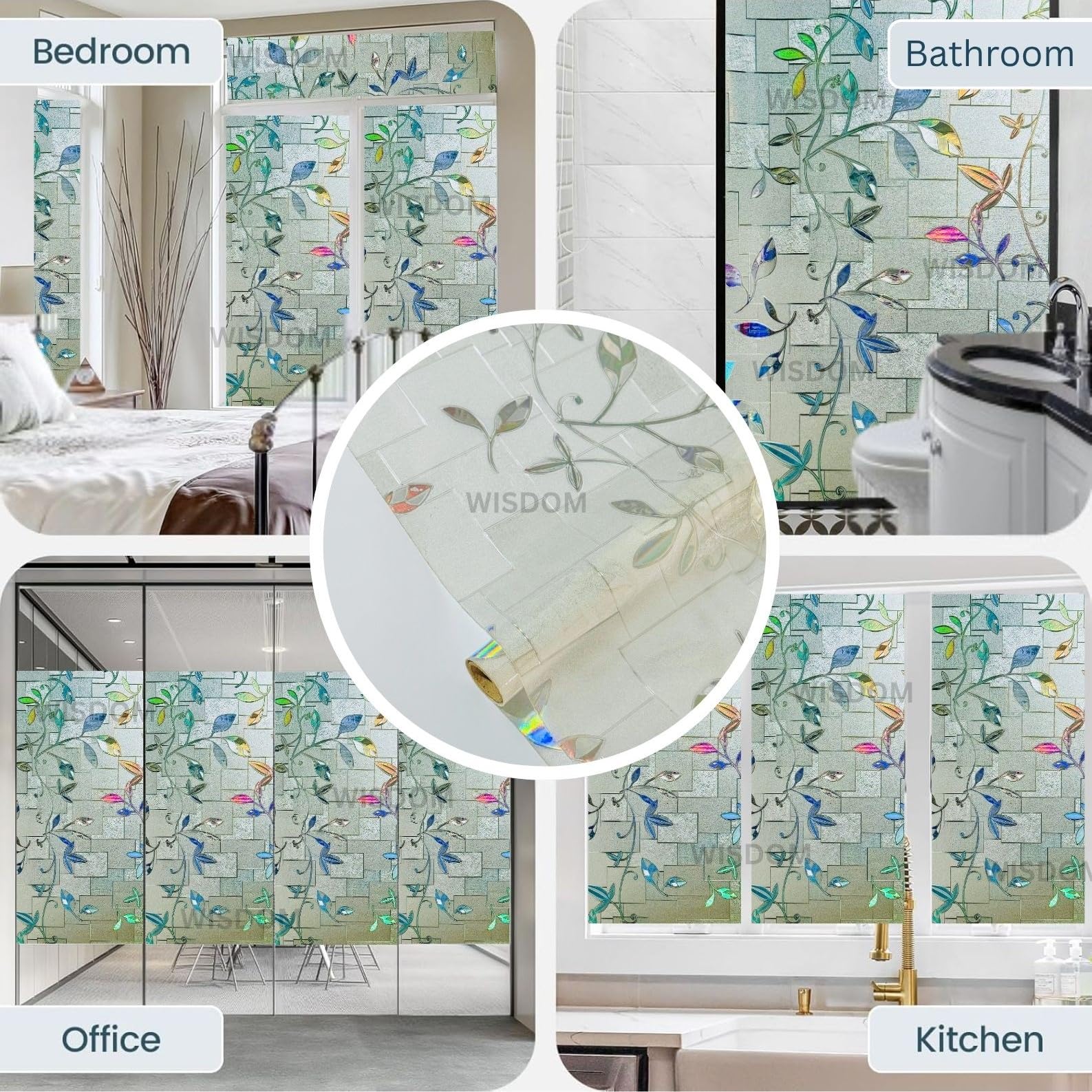 WISDOM Premium Frosted Glass Window Film Self Adhesive Decorative Glass Window Privacy Sheet Film UV Control Removable Vinyl Privacy Film (Rainbow Leaves, 12x100 Inch) 4
