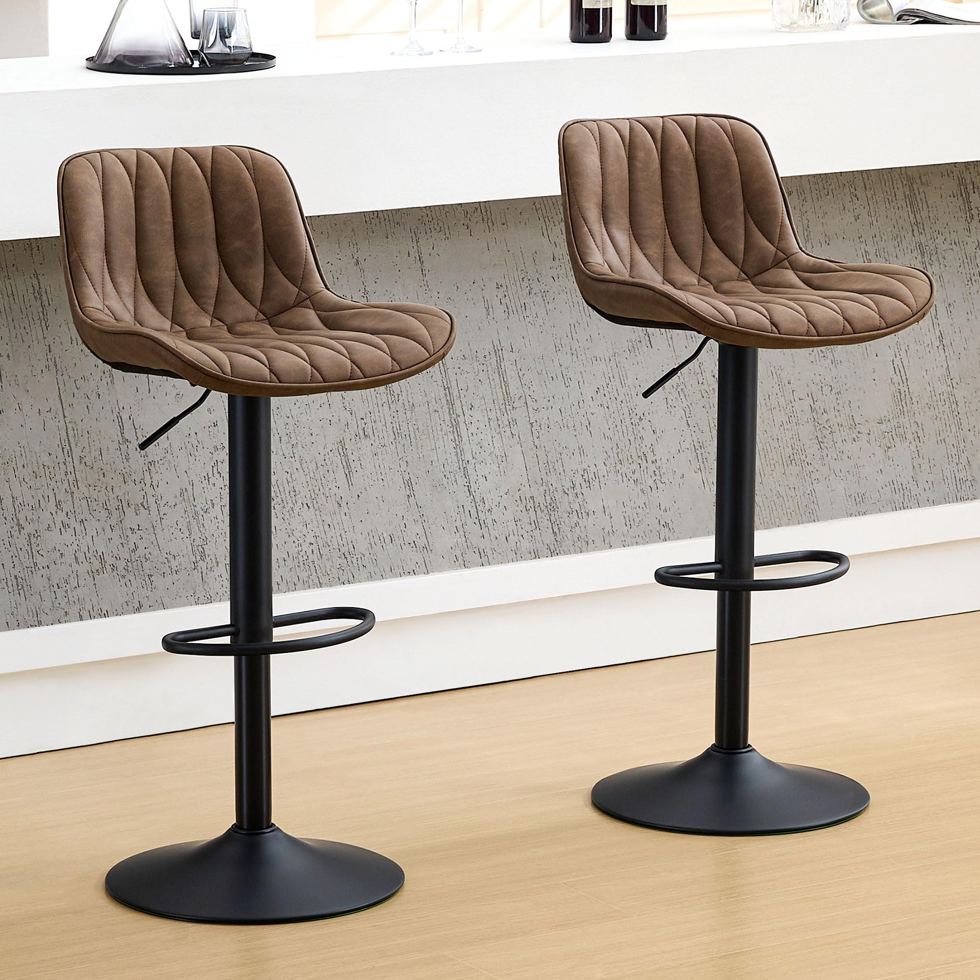 FIRAVOE Swivel Bar Stools Set of 2, Tan Counter Height Bar Stools with Back, Adjustable Bar Stool 25"-33", Modern Faux Leather Barstool for Kitchen