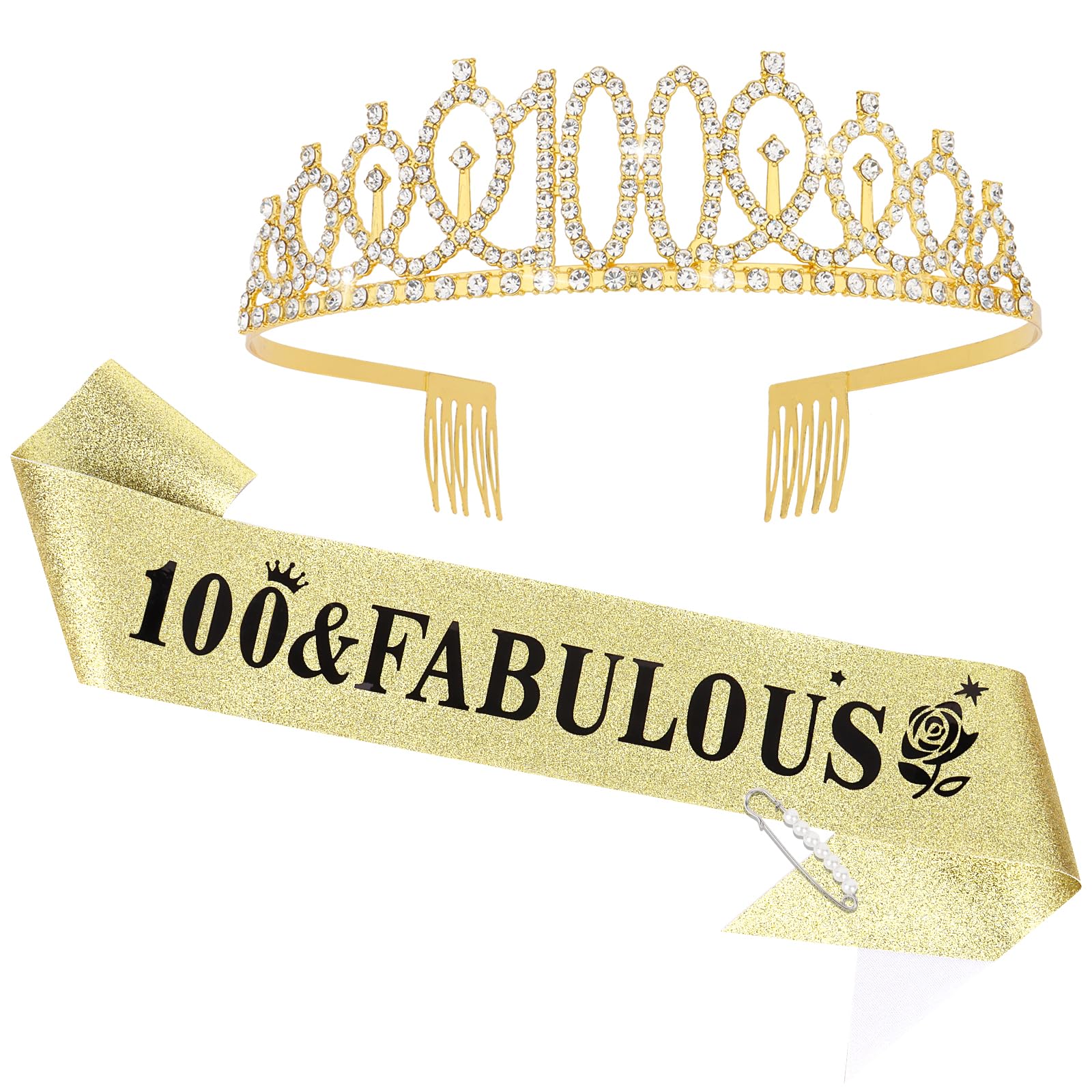 Casoty Gold 100th Birthday Sash and Tiara, 100th Birthday Decorations for Women, 100 and Fabulous Sash and Crown Set, Party Supplies Decorations for