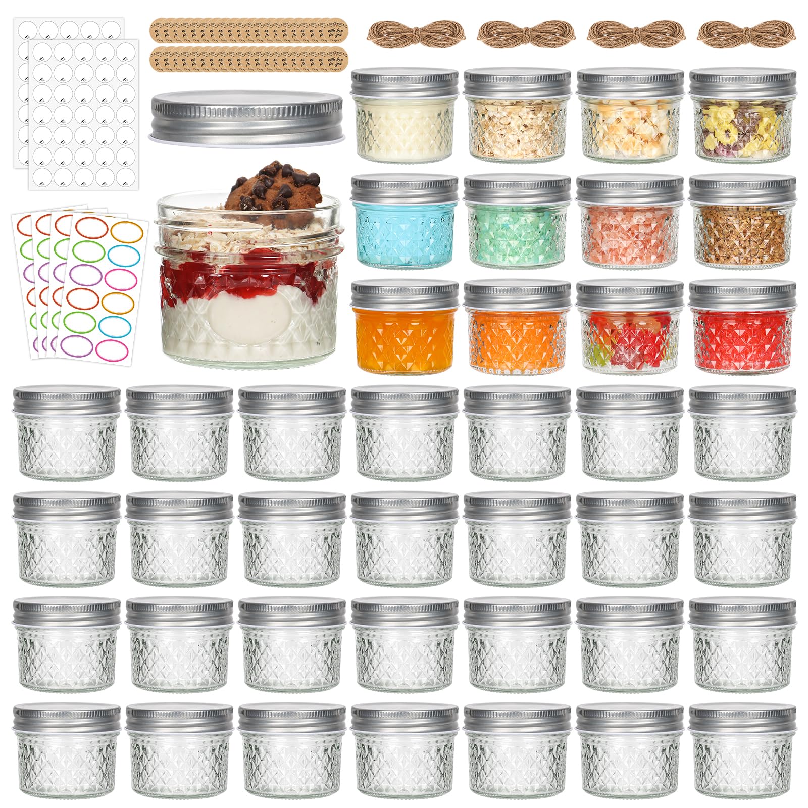 EkkoVla 4 oz Glass Mason Jars with Silver Lid, 40 Pack Regular Mouth Mini Canning Jars for Caviar, Honey, Jam, Jelly, Body Butters, Spice, DIY Candle
