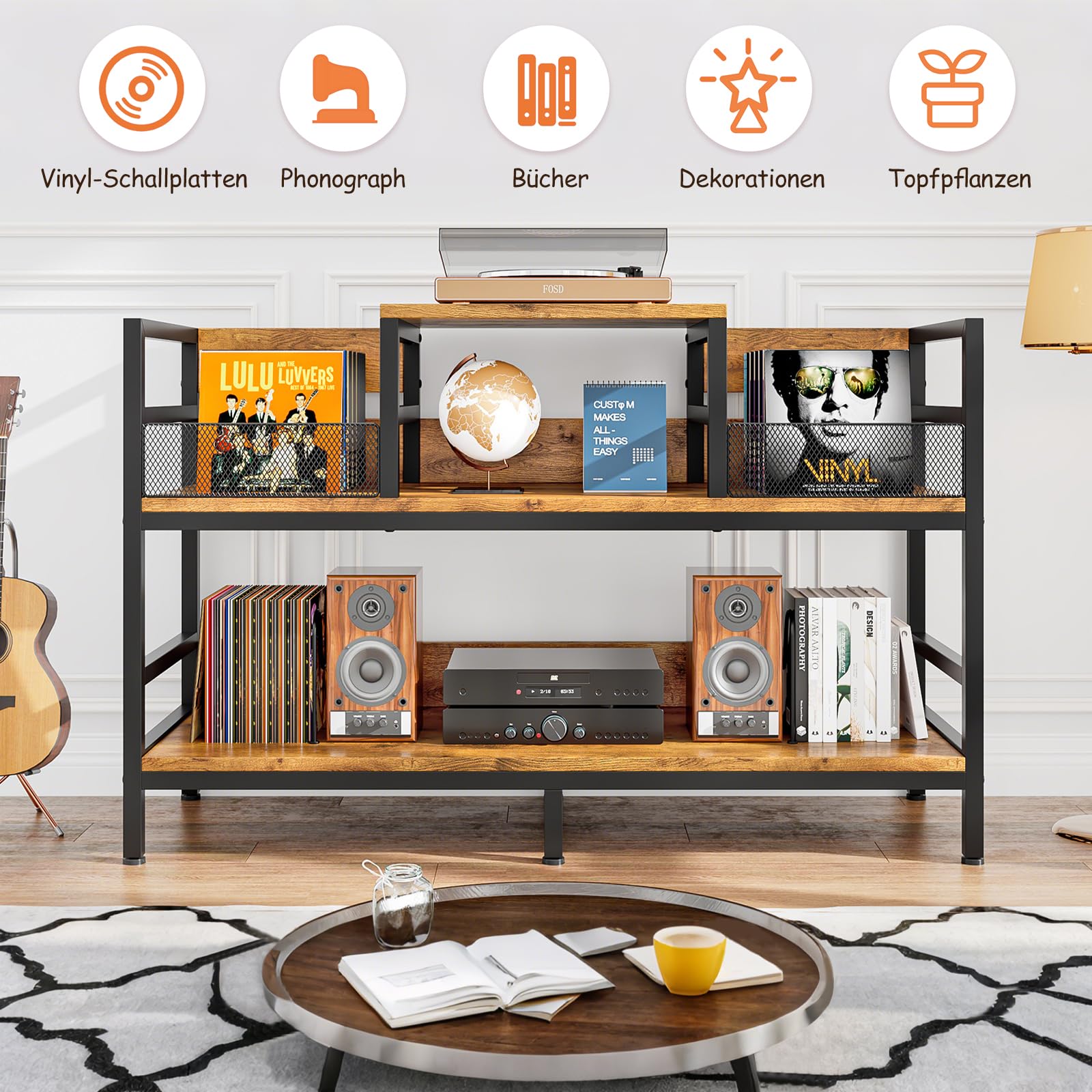KZOBYD Supporto per giradischi, ripiano per dischi in vinile con ripiano, 3 livelli, supporto per piatti da tavolo con contenitore in vinile per fino a 350 album, supporto per giradischi per soggiorno
