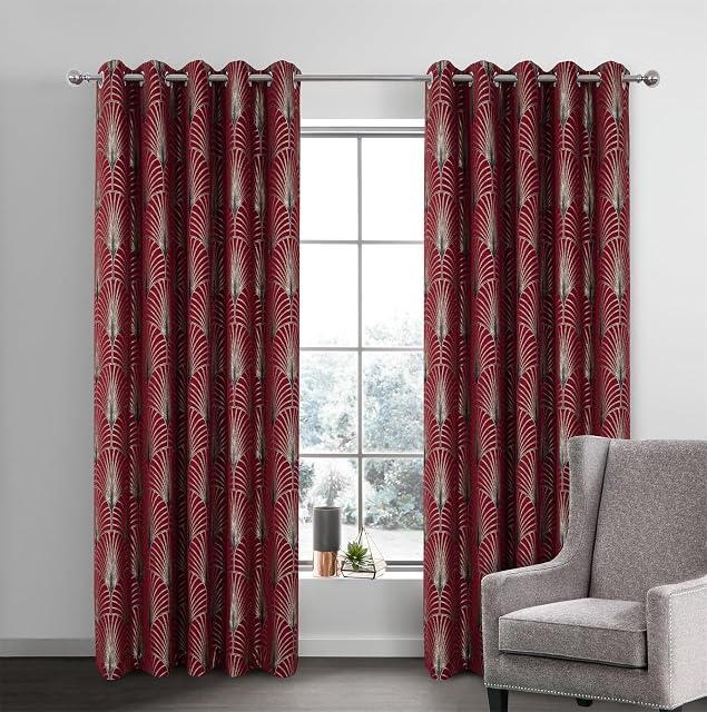 always4u Thermal Curtains Eyelet Soft 60% Blackout Curtain for Living Room Lined Woven Peacock Tail Pattern Energy Saving Window Drapes A Pair Dark Red 66 * 72 Inches