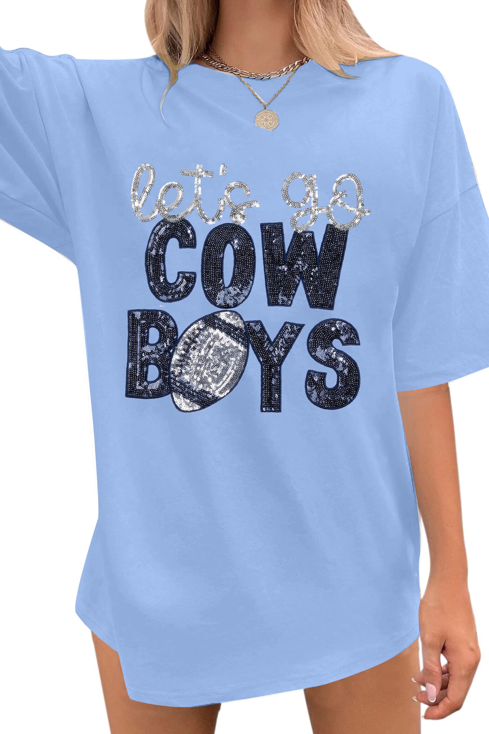 Womens Football Sequin Embroidery Shirts Oversized Vintage Game Day Tshirt Casual Football Season Short Sleeve Tops