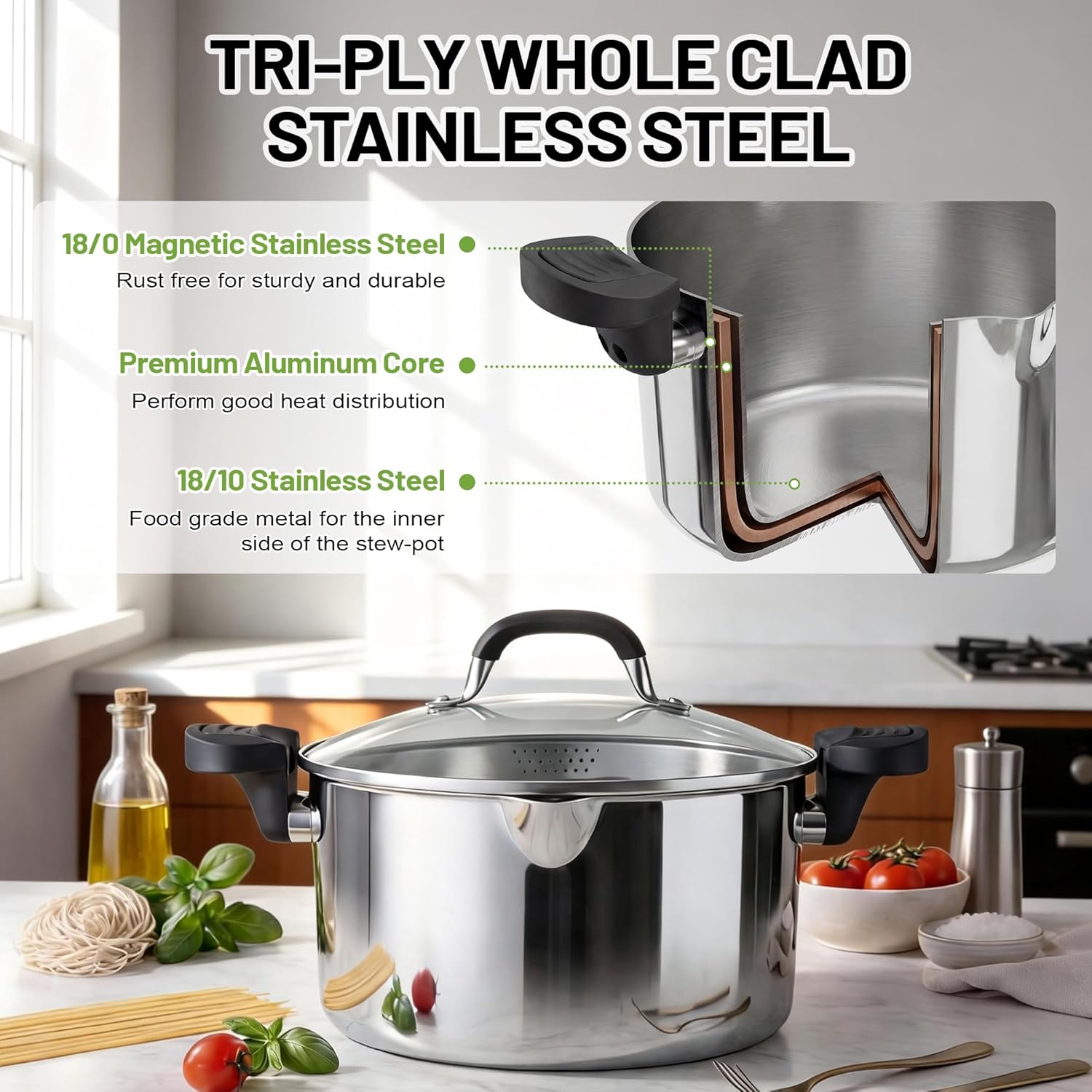 E-far Pasta Pot with Strainer Lid, 6 Quart Tri-Ply Stainless Steel Stock Pot & Push and Lock Handles, Non-toxic Multipurpose Cooking Pot for All Cooktops, Heavy Duty & Dishwasher Safe - Image 4