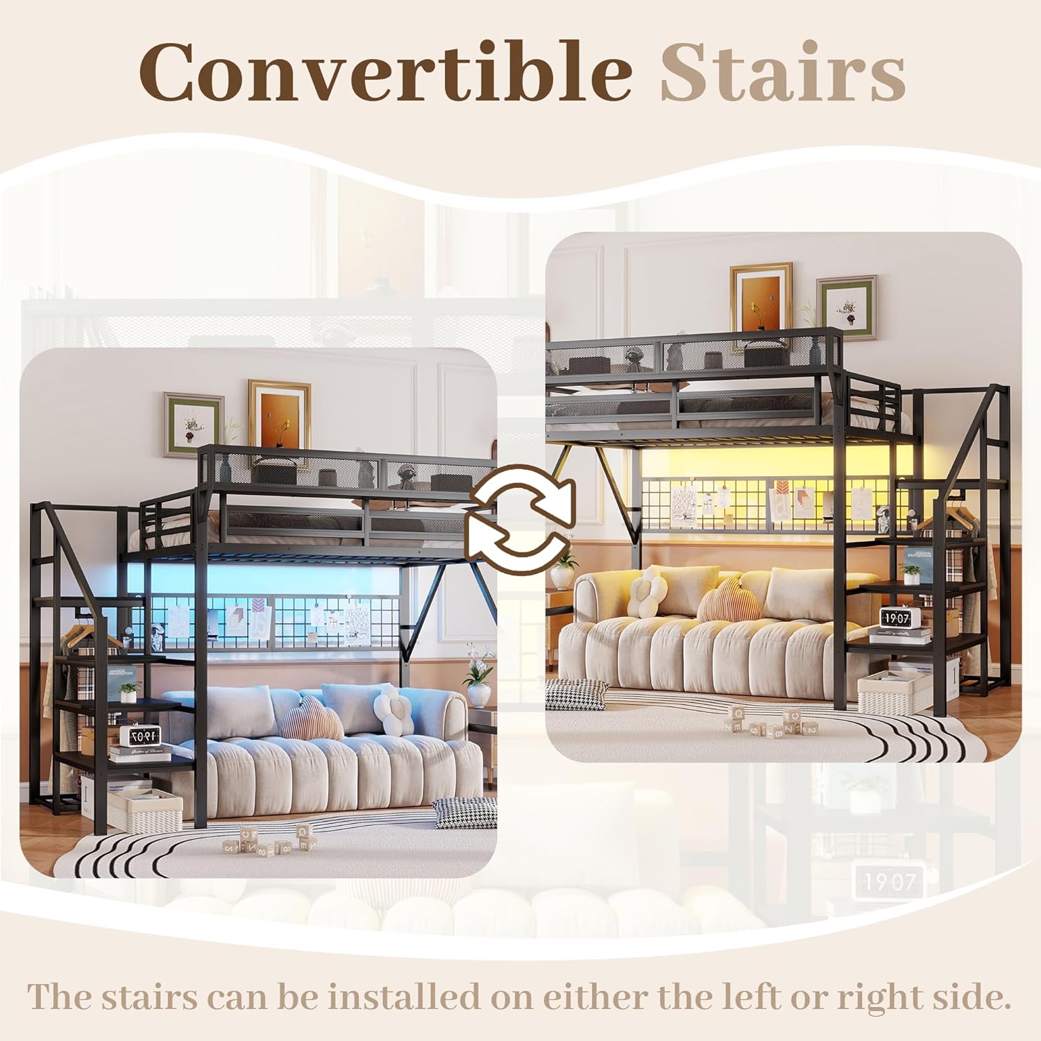 Full Size Loft Bed with Stairs and Storage Shelves, Metal High Loft Bed Full with LED Lights, Wardrobe & Storage Pegboard, Large Under-Bed Space, Heavy-Duty Beds Frame for Adults Teens Kids, Black