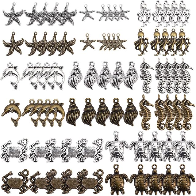 SUNNYCLUE 80pcs Marine Life Charms Sea Animal Charms Sea Turtle Starfish Conch Octopus Dolphin Crab SeaHorse for Jewelry Making Charms Lead Free, Nickel Free and Cadmium Free, Ocean Marine Theme