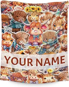 Personalized Highland Cow Blanket Gifts with Name - 30x40 Inches Cute Throw Blanket for Girls & Boys - Brown Soft Fuzzy Blankets for Couch & Office