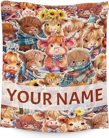 Personalized Highland Cow Blanket Gifts with Name - 30x40 Inches Cute Throw Blanket for Girls & Boys - Brown Soft Fuzzy Blankets for Couch & Office