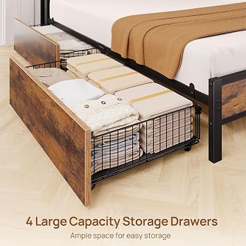 Rolanstar Bed Frame Twin Size with Charging Station and LED Lights, Upholstered Storage Headboard with Drawers, Heavy Duty Metal Slats, No Box Spring Needed, Easy Assembly, Rustic Brown