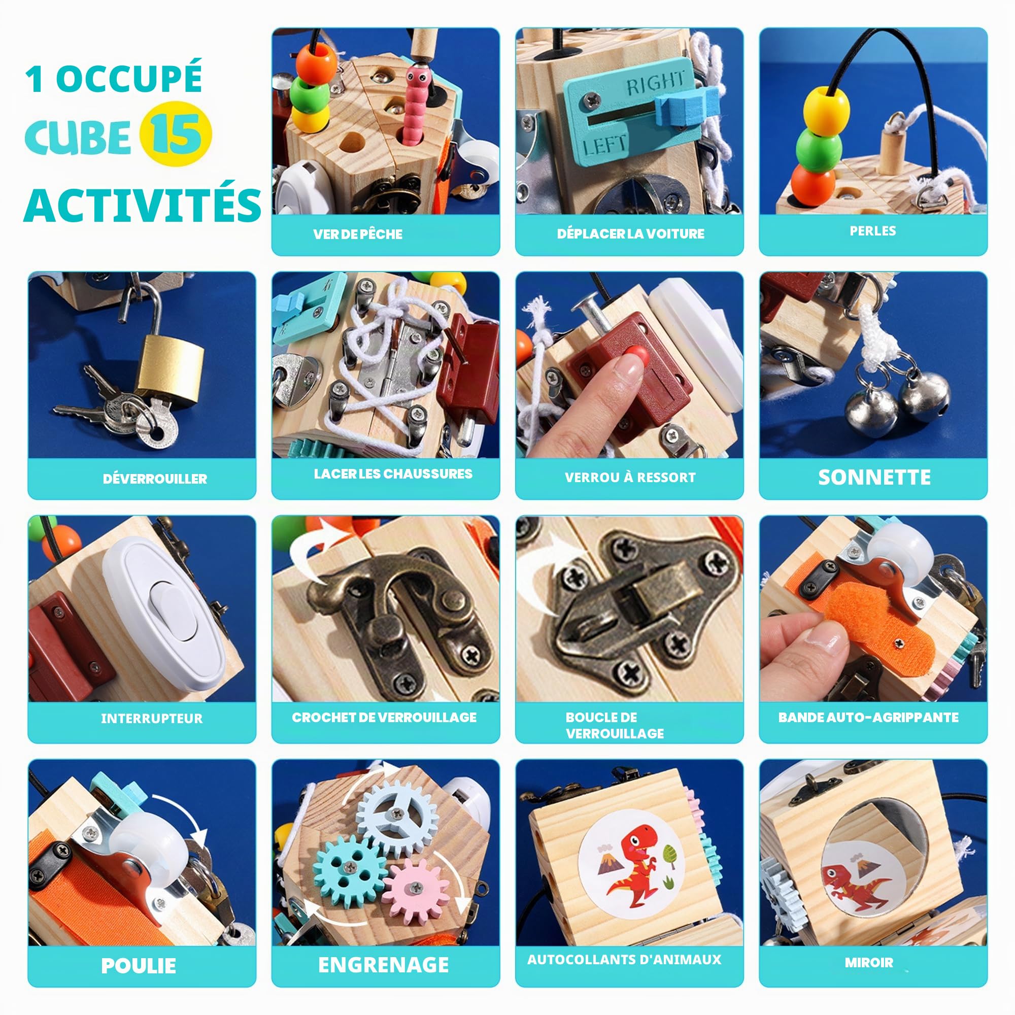 Busy Board Jouet Educatif pour Apprendre Motricité Fine,15 en 1 Busy Board Bois Cubique Activit Sensoriel pour Enfants,Jeux Portable pour Enfants Activités Montessori 3 4 Ans