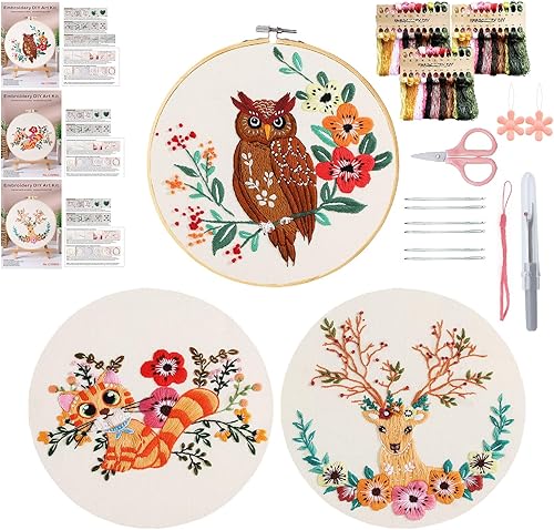 Miniatura 1 de Yixhua Juego de 3 juegos de bordado de animales para principiantes, kit de punto de cruz para adultos con patrón de bordado a mano con instrucciones