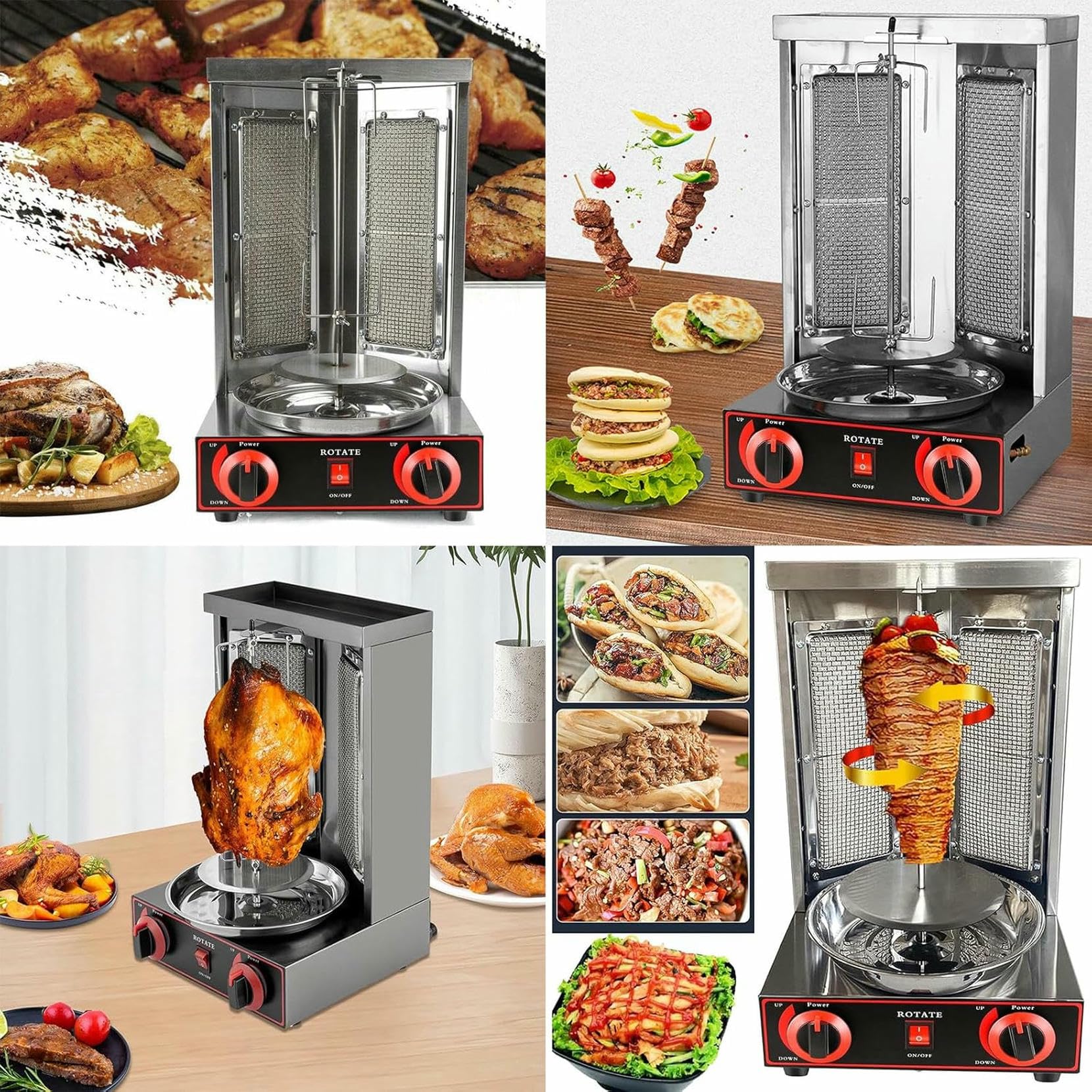 Máquina vertical de kebab, parrilla de gas de rotación automática, horno asador comercial y doméstico con 2 quemadores para kebabs perfectos, fácil operación y cocción versátil