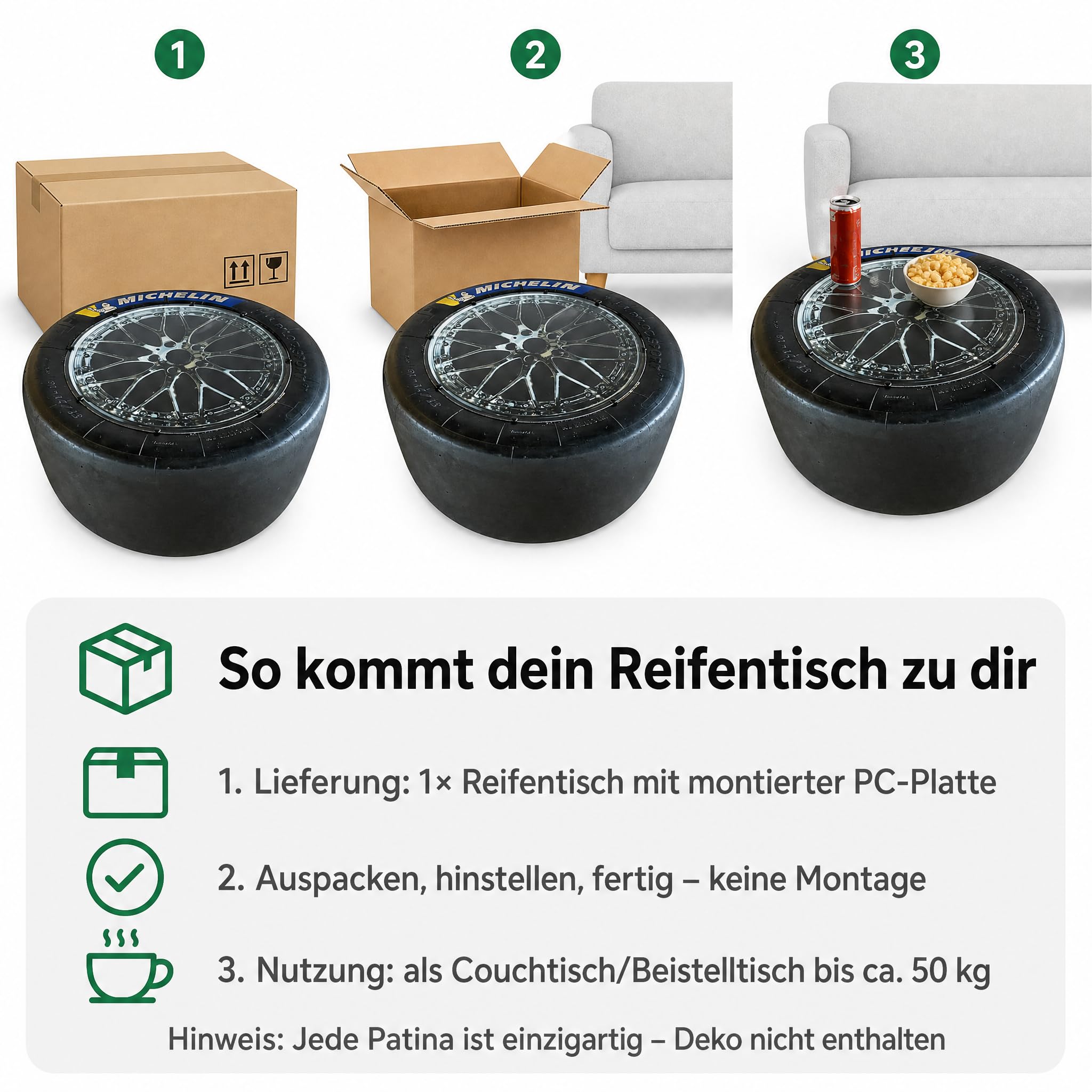 [ORIGINAL Reifen] Reifen Tisch mit PC Platte | Orginalreifen aus DTM, GT Masters & LMP Serie Rennreifen Tisch mit echten Gebrauchspuren | Motorsport Geschenk für Männer & Frauen | Originaler Rennslick als Upcycling-Unikat mit PC-Tischplatte – das ausgefal