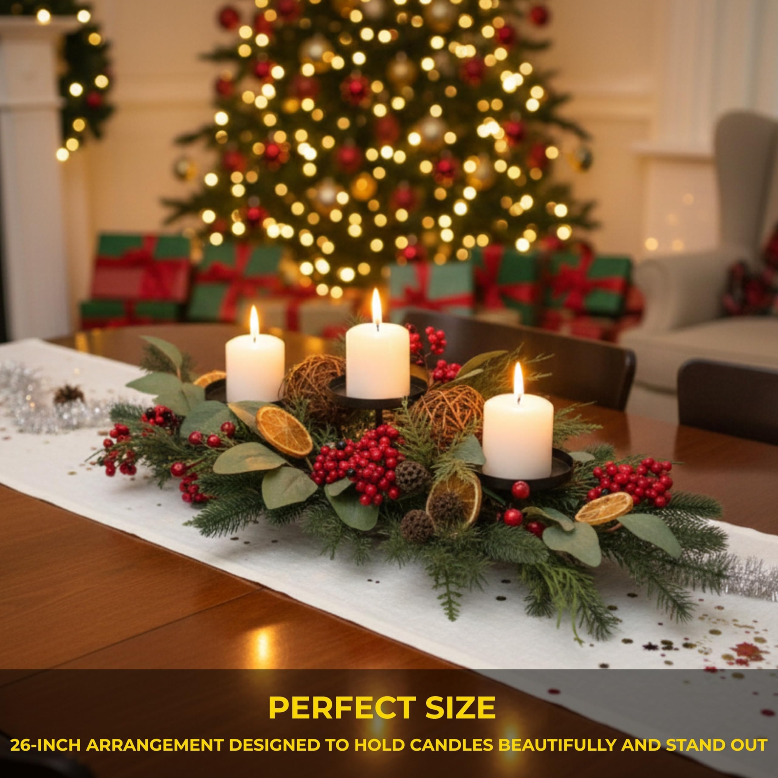 Décoration de Table de Noël avec Feuillage, Baie, Eucalyptus, tranches d'orange, Boules de rotin - Décoration Festive pour la Maison, la Salle à Manger, la cheminée - 66 cm