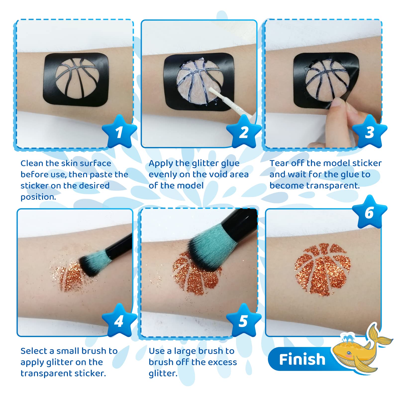 Bledras Glitzer Tattoo Set Kinder, 30 Farben Glitzertattoos, 147 Schablonen, 4 Pinsel, 2 Kleber, Geschenke für Kinder im Alter von 3 bis 12 Jahren, Wunderschön Verpackt（Junge）