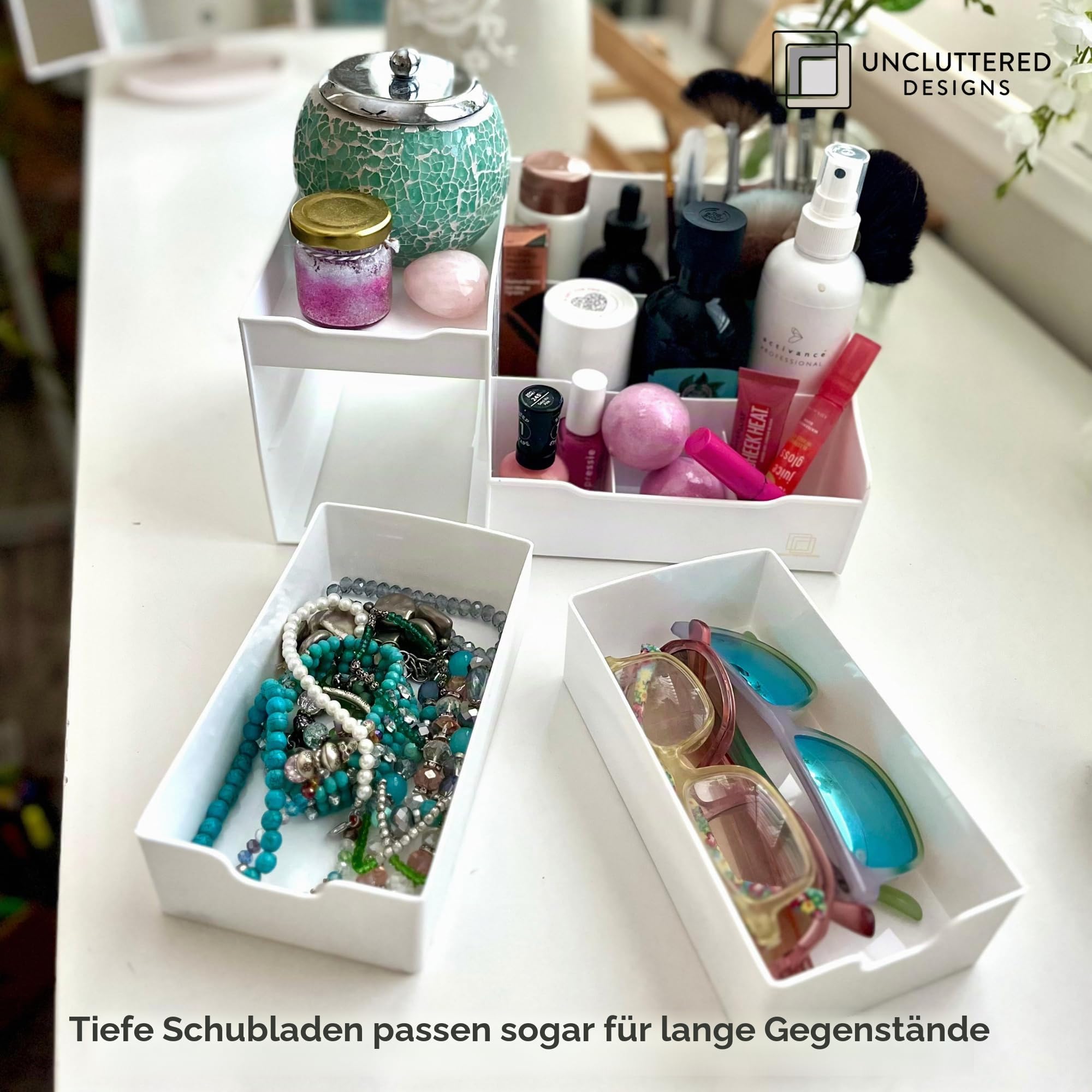 UNCLUTTERED DESIGNS Großer Weißer Schminktisch-Organizer - Kosmetik Aufbewahrung, Schönheit, Haare, Nägel, Parfüm & Hautpflege - Perfekt Bad & Schlafzimmer Schreibtisch Organizer Schubladen