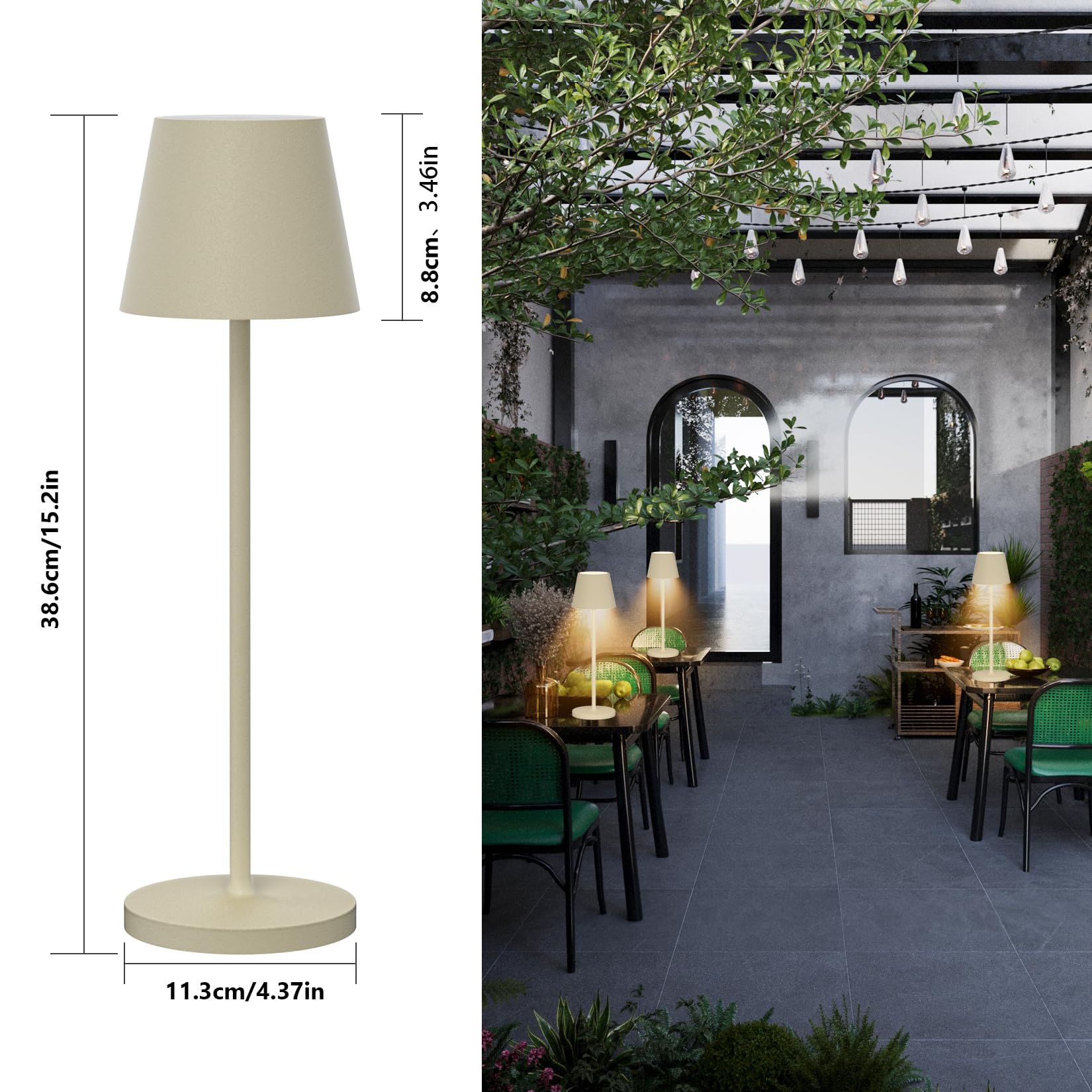 K-Bright Lampada LED Dimmerabile da tavolo in alluminio, H38cm，Ricaricabile Colore luce calda Per interni/esterni Lampada da tavolo con base di ricarica a contatto (Beige sabbia)