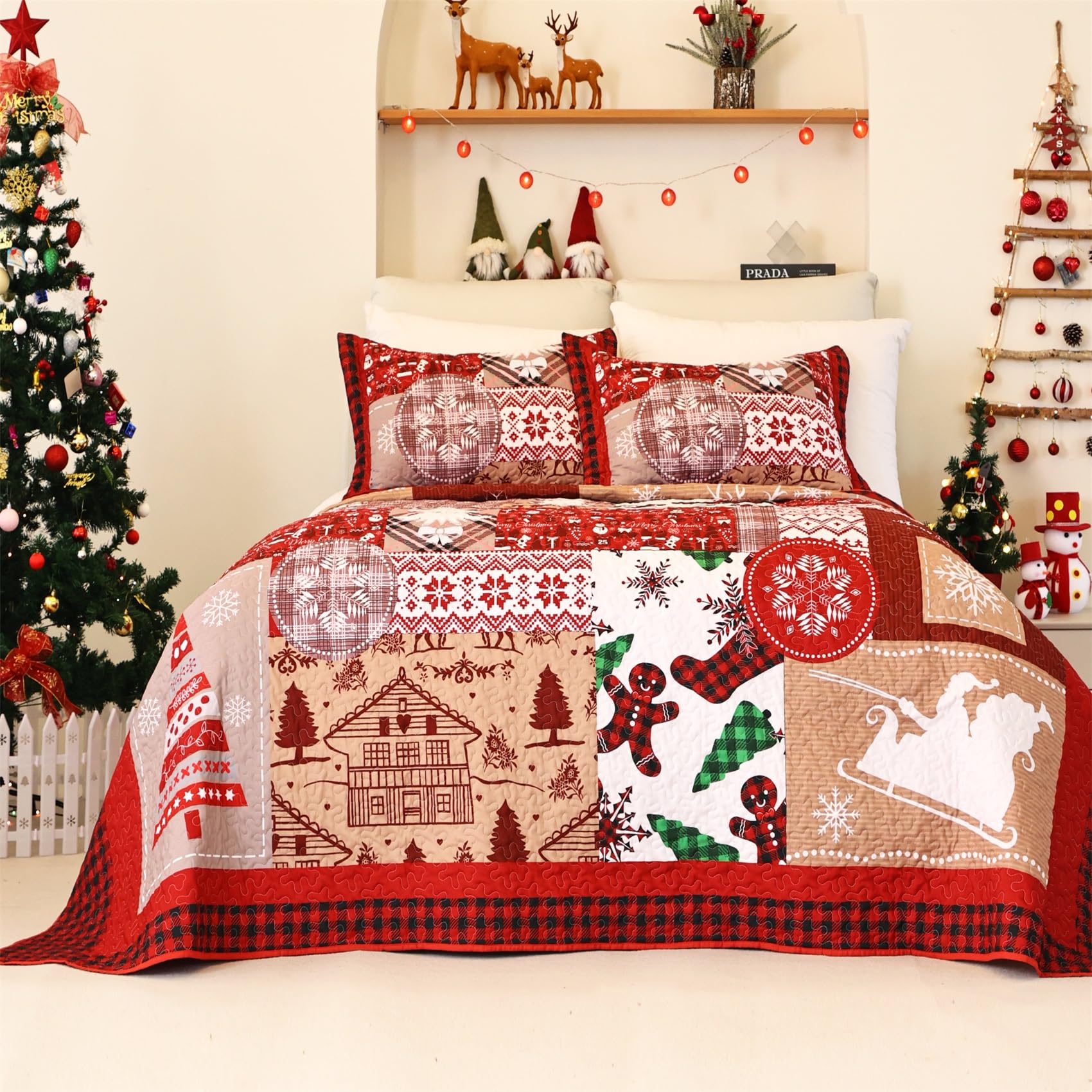 Christmas Quilt Bedding Set full Size,Christmas Snowflakes Santa Claus Pattern Printed Bedding,Soft Patchwork Bedspread Coverlet 3Pcs,Holiday Comforter with 2 Pillow Shams Full Size.