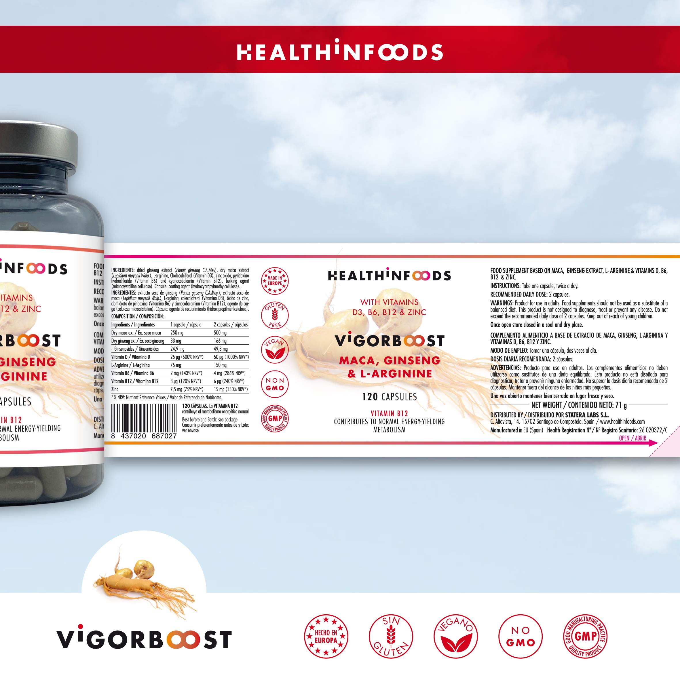 VigorBoost | Maca, Ginseng, Vitamina D, L-Arginina | Vitaminas B6, B12 y Zinc | Para la Líbido, Fertilidad, Masa Muscular y Potencia Sexual | 120 Cápsulas Veganas