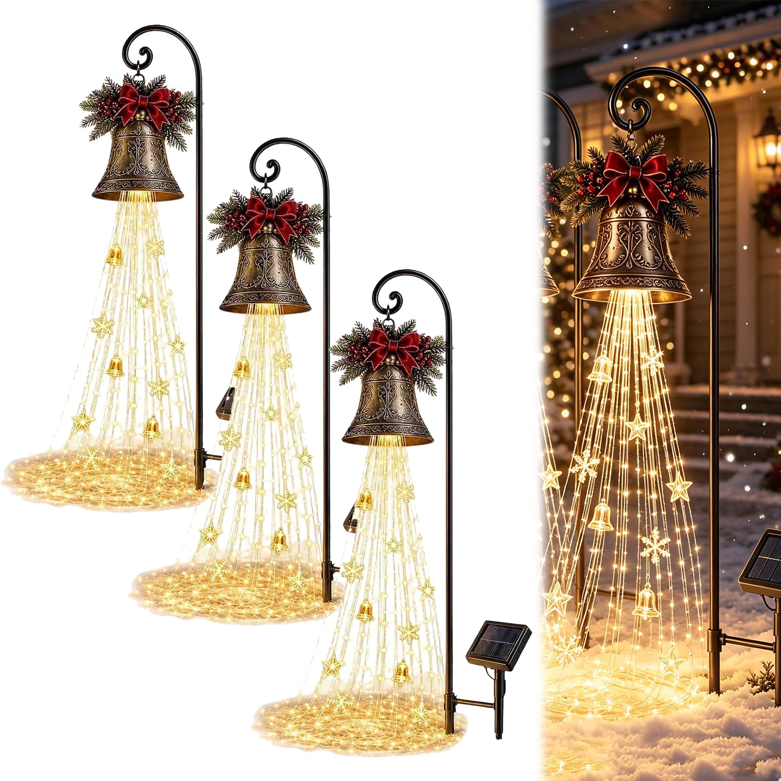 Christmas Bell Cascade Solar Yard Light for Christmas Yard Decor，Warm White Cascading Garden Stake Light for Lawn Garden Pathway Front Yard and Holiday Outdoor Decor，3
