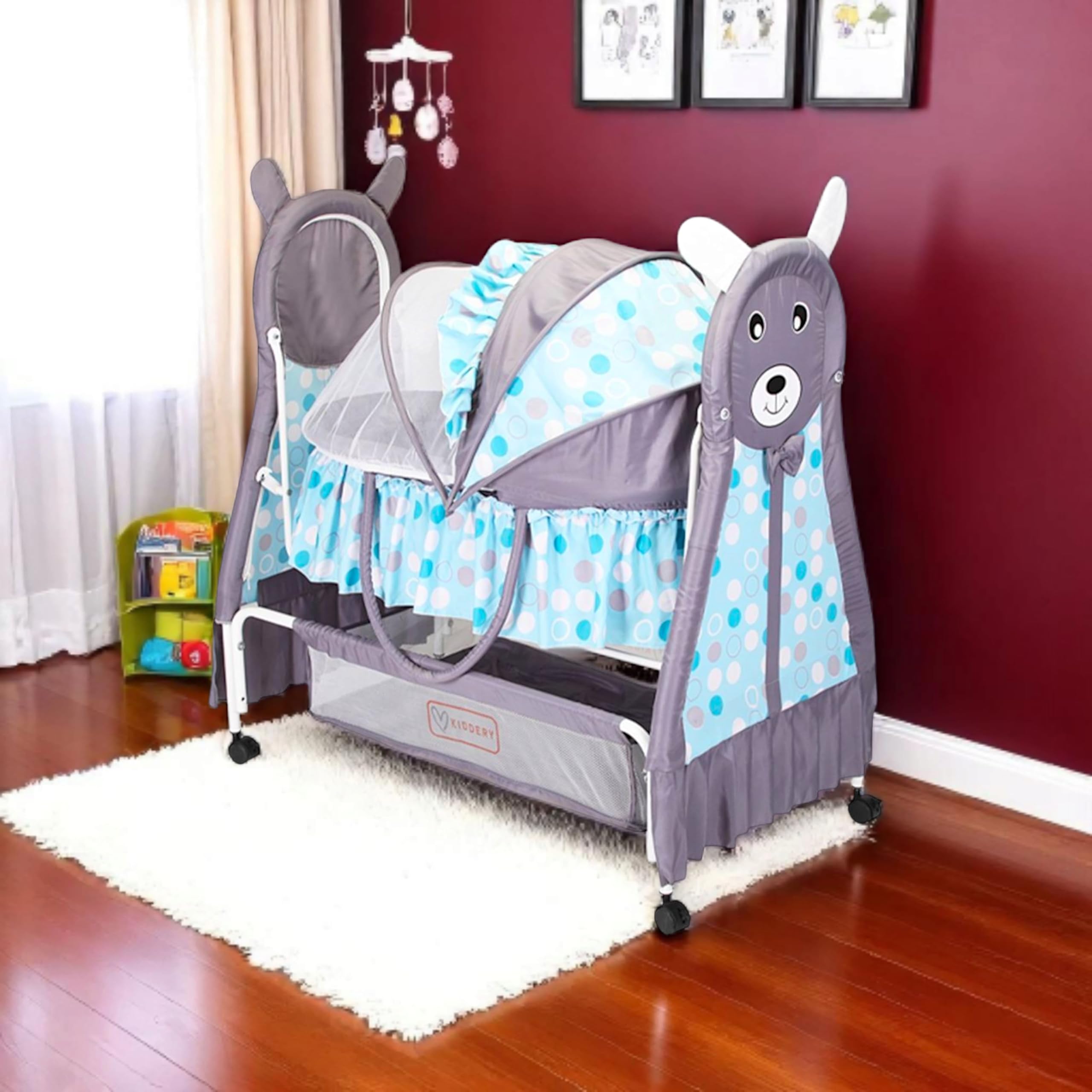 Kiddery Bella+Baloo | Baby Bassinet | Sleep Safely & Comfortably | Mosquito Net Protection | Lightweight & Compact Design | Detachable Basket | All Wheel Lock | Boys | 0-8 Months | Blue