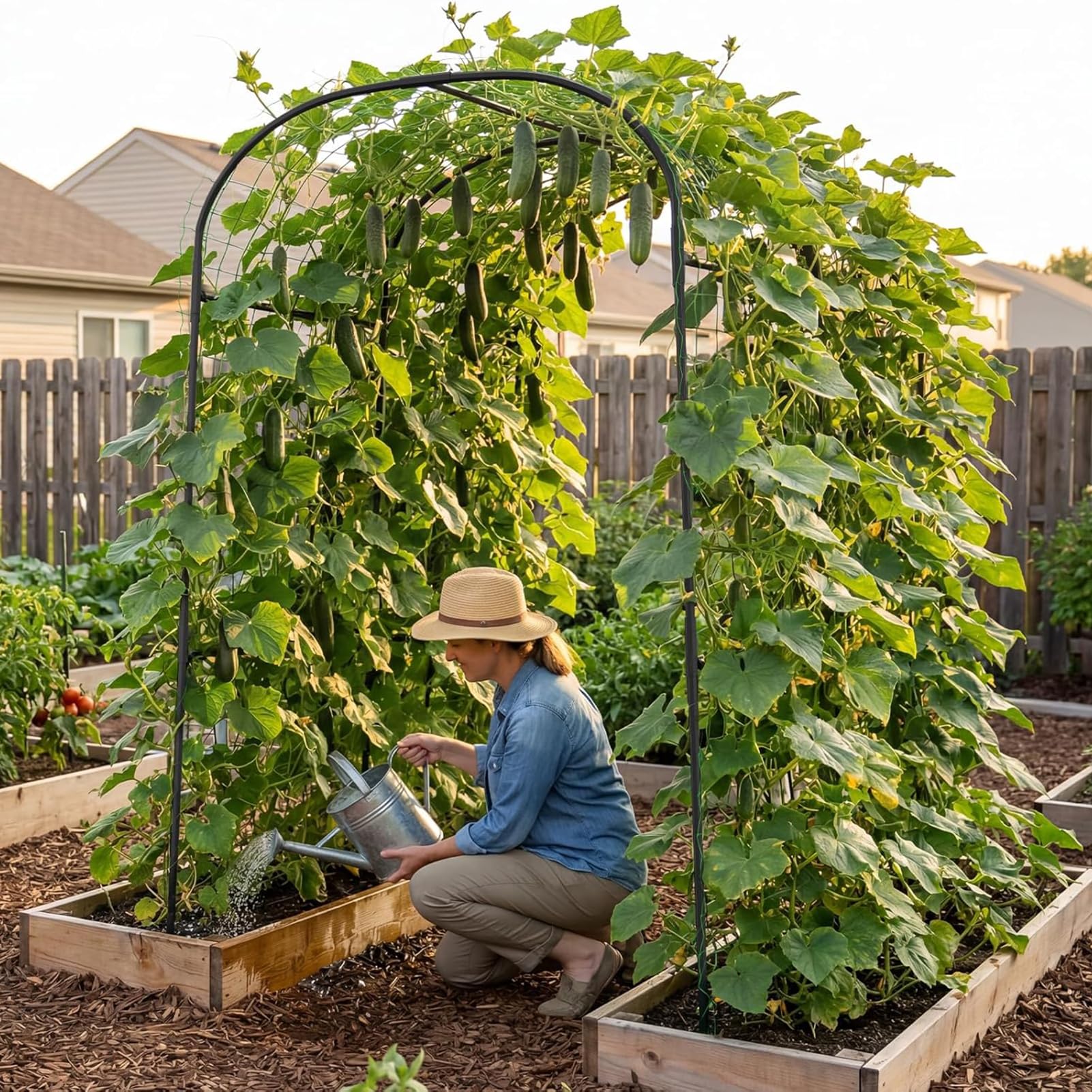 Gurken Rankhilfe 124x180x220cm, Stahlrohr Garten Rankgitter, mit Ranknetz & Klemmen, multifunktionale Pflanzenstütze für Kletterpflanzen, Tomaten, Gemüse, Blumen, Outdoor Garten Rankstütze (Schwarz)