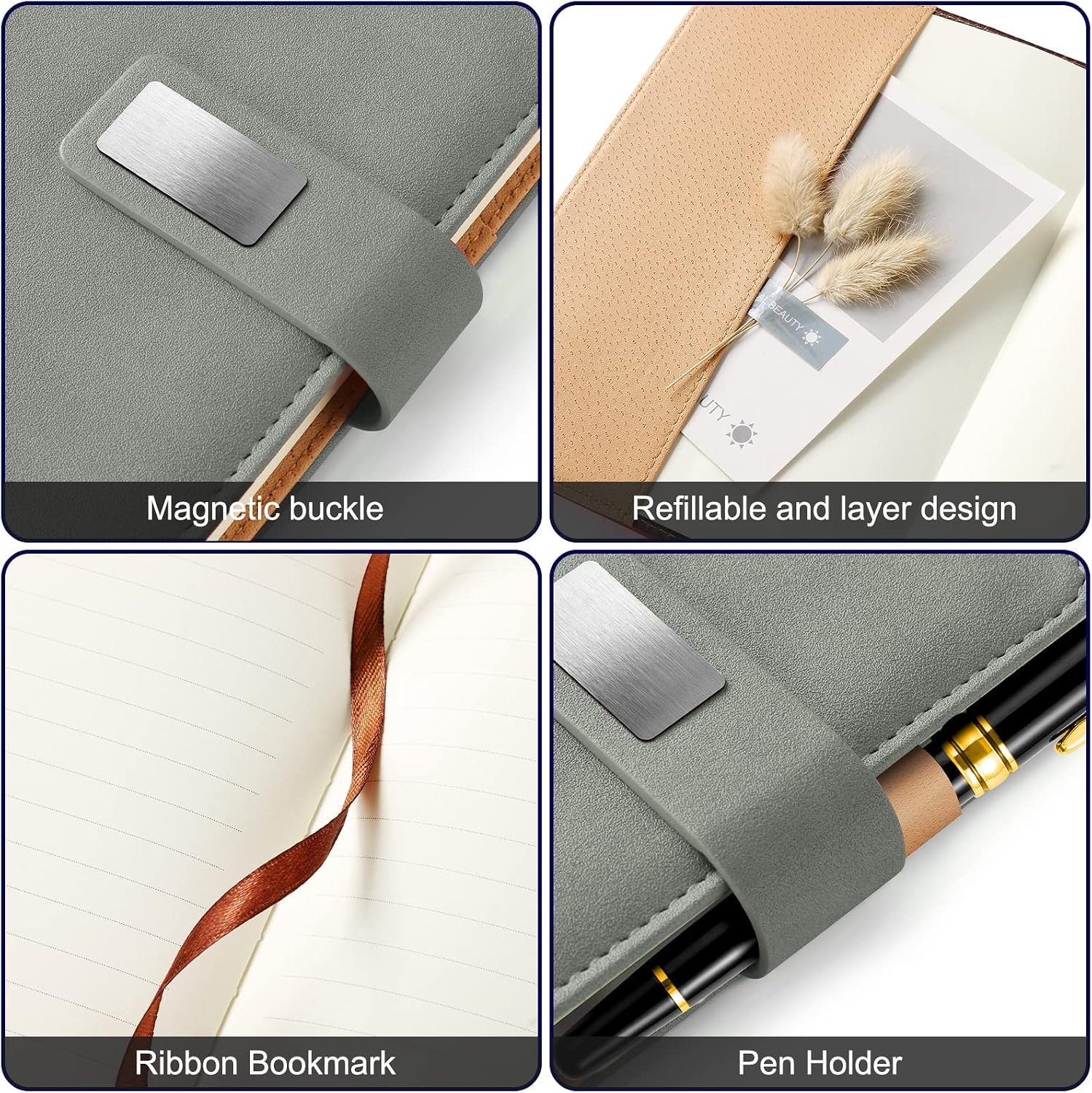 A5 Lined Leather Notebook and Pen Set with Gift Box, 240 Pages Refillable Journal with Pocket and Magnetic Buckle, Hardcover Daily Diary for Men and Women Business Travel Personal Writing- Gray image 3