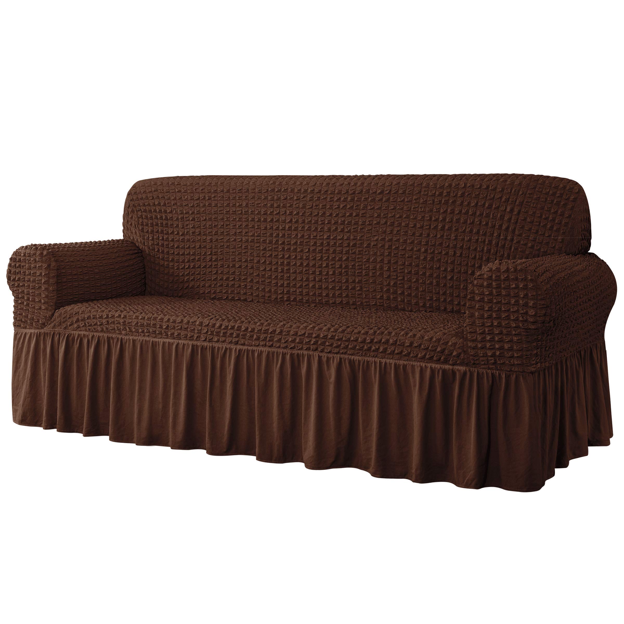 CHUN YI Universal Sofa Slipcover for 3 Seaters 1 Piece Easy Fit Couch Cover for 3 Cushion Sofa, Washable High Elastic Stretchable Furniture Protector with Skirt Country Style (3 Seater Chocolate)