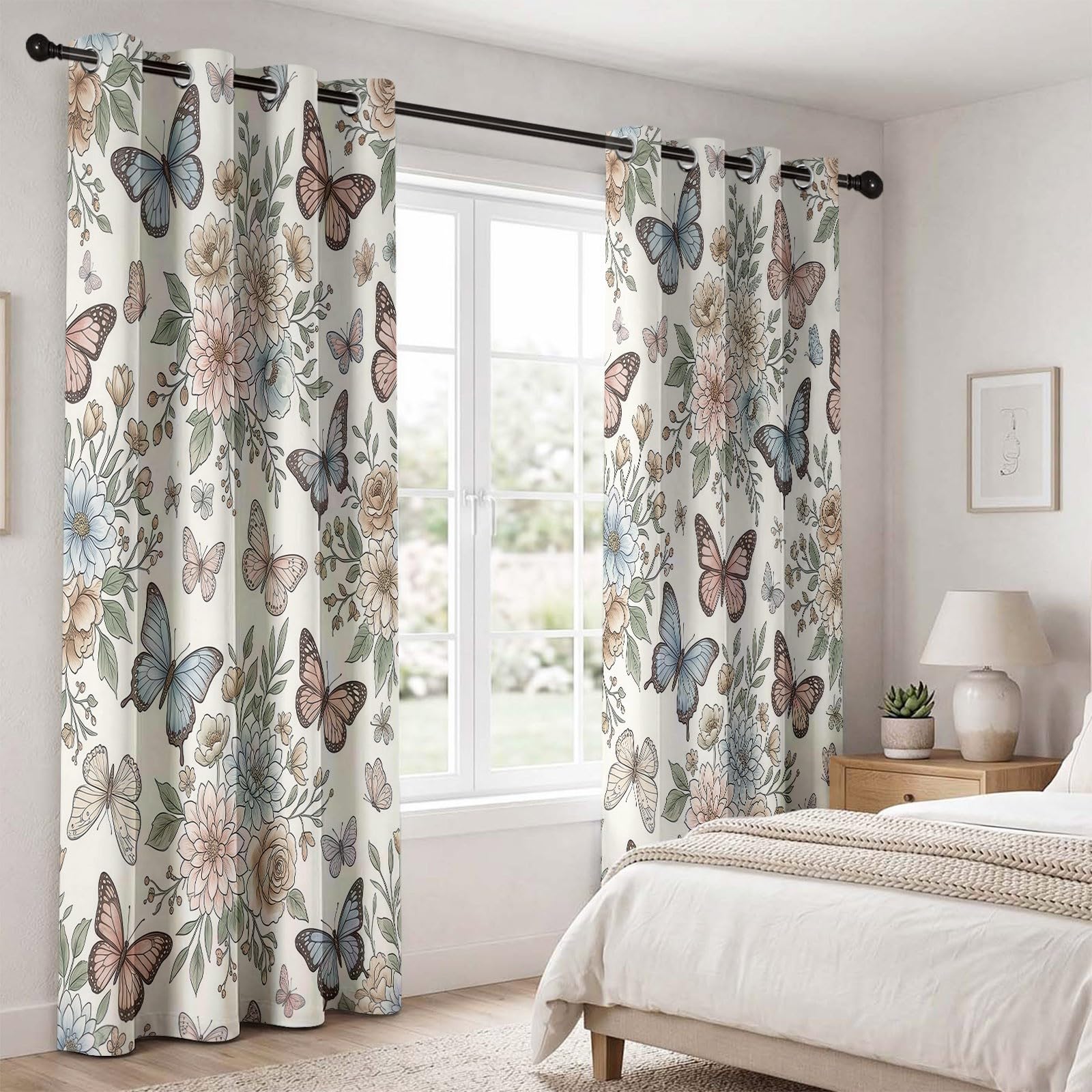 Rideaux Occultants Animal Floral 140L X 260H cm (2 Panneaux), Isolation Thermique Fixation par Oeillets Papillon Rustique & Fleurs Sauvages pour Chambre À Coucher, Rose