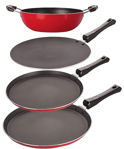 Nirlon Non-Stick 4 Piece Gas Compatible PFOA Free Kitchen Essential Combo Item, Red and Black
